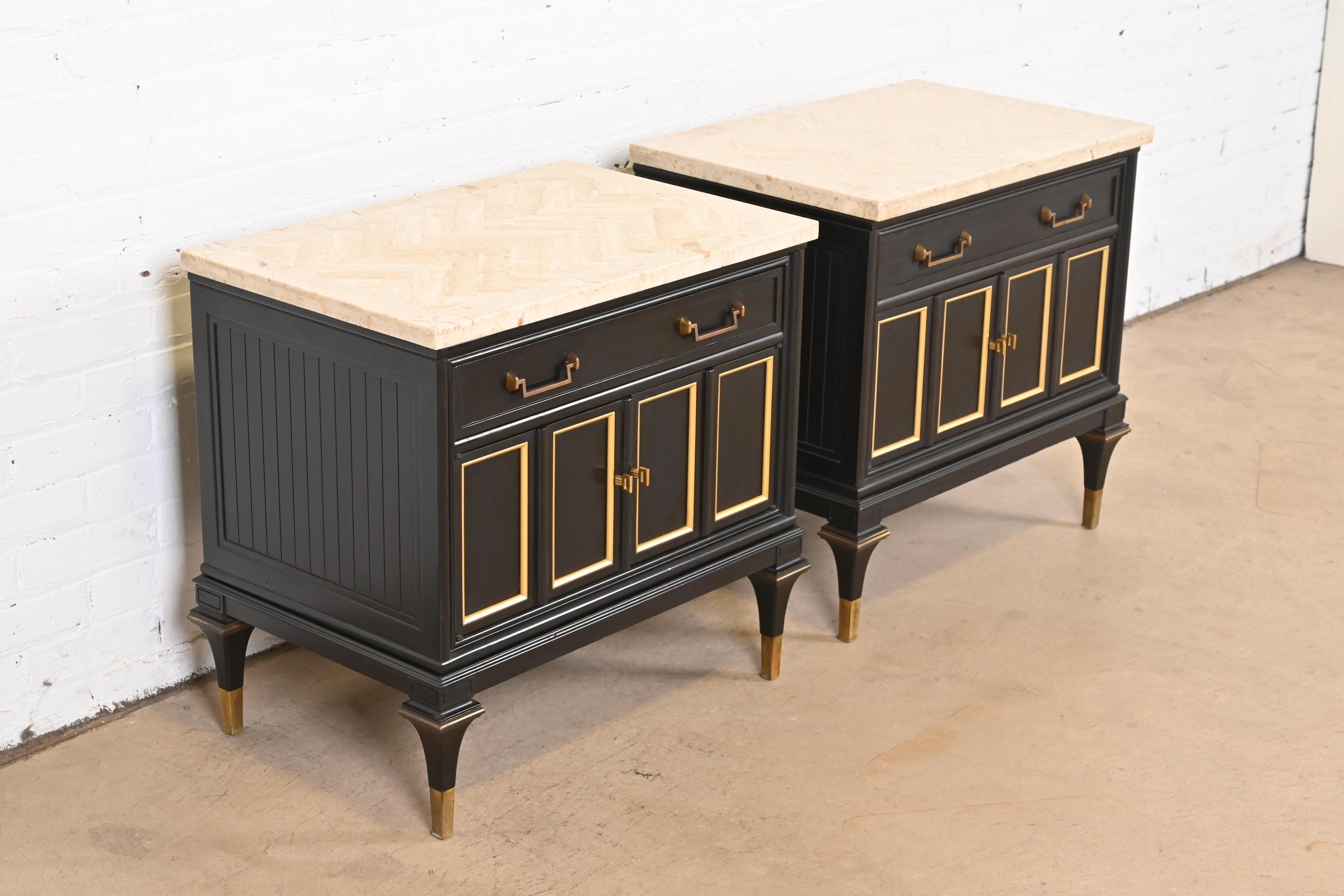 Mastercraft Hollywood Regency Black Lacquer and Brass Travertine Top Nightstands In Good Condition In South Bend, IN