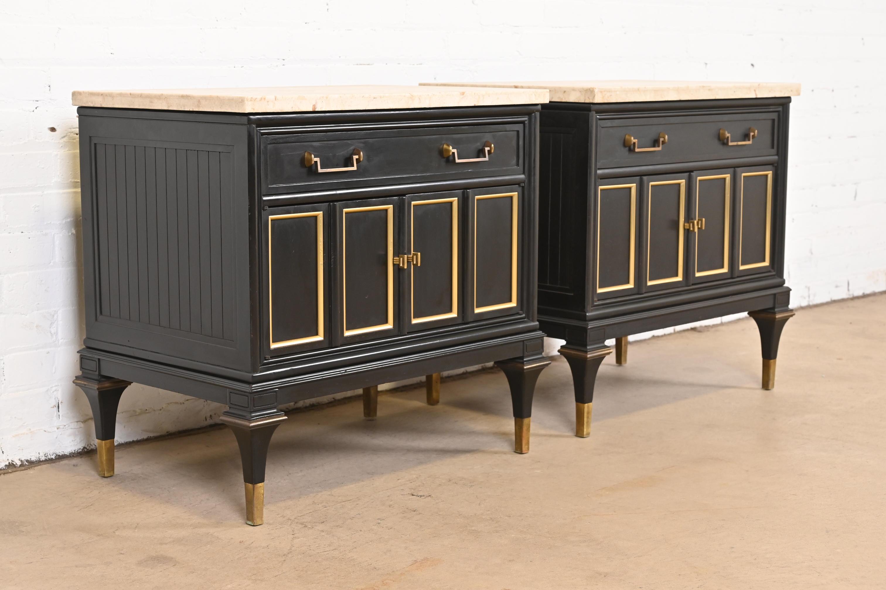 Mid-20th Century Mastercraft Hollywood Regency Black Lacquer and Brass Travertine Top Nightstands