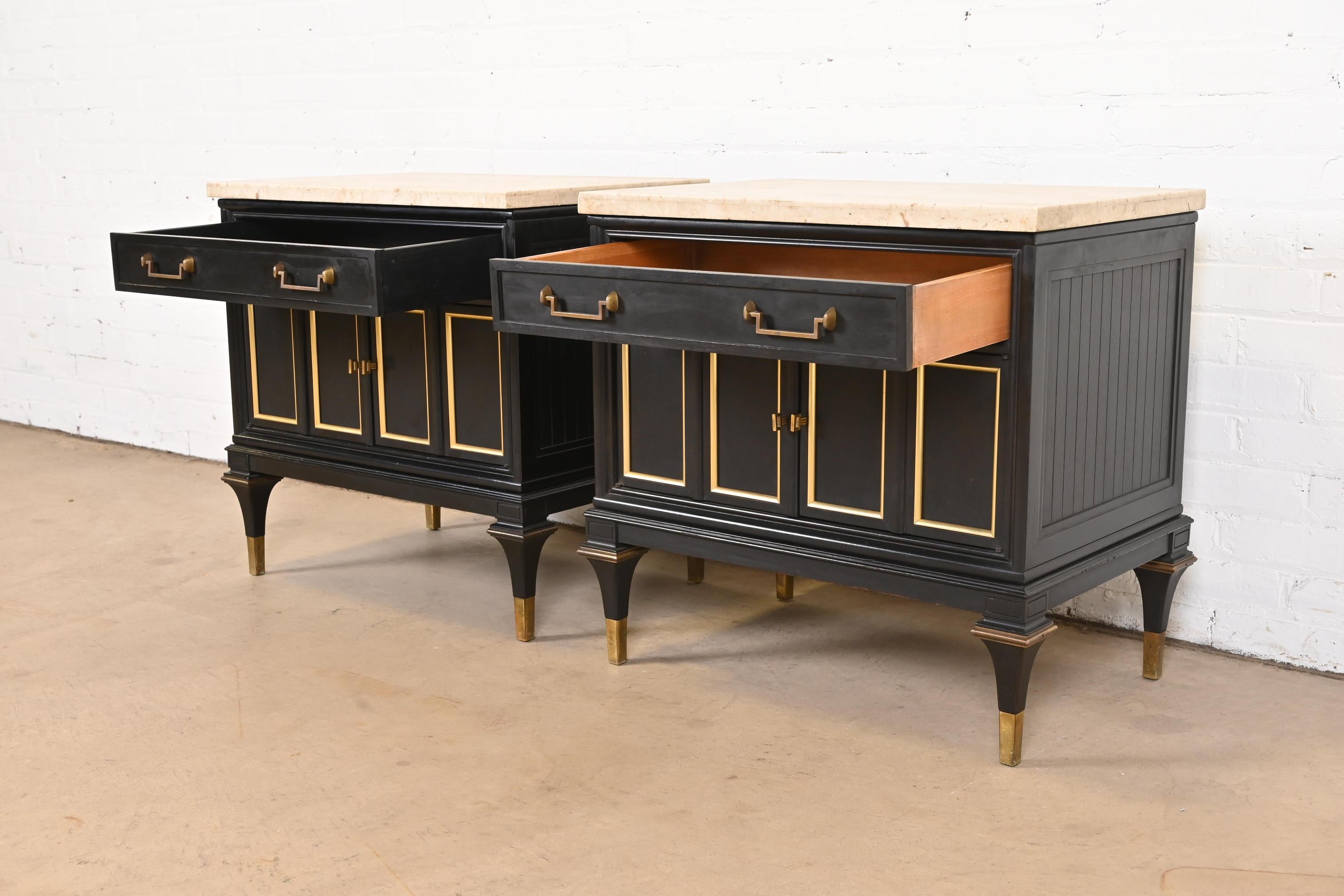 Mastercraft Hollywood Regency Black Lacquer and Brass Travertine Top Nightstands 1