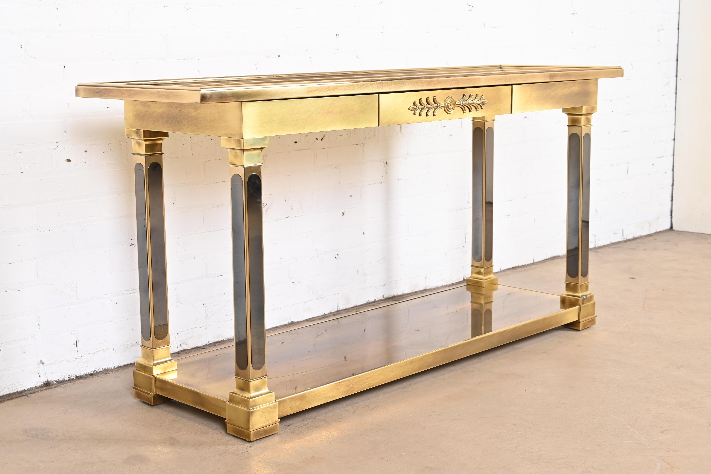 Mid-Century Modern Mastercraft Hollywood Regency Brass and Smoked Glass Console Table, 1970s