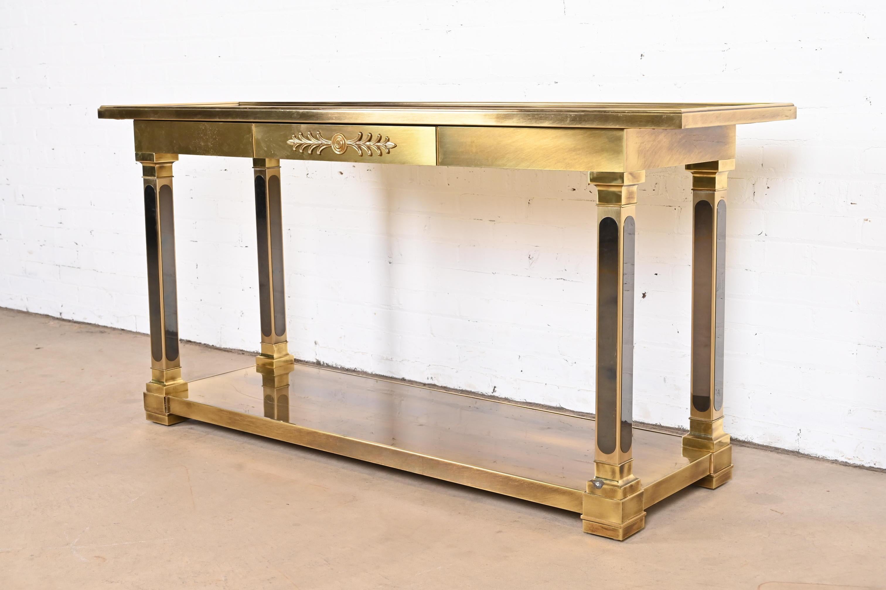 American Mastercraft Hollywood Regency Brass and Smoked Glass Console Table, 1970s