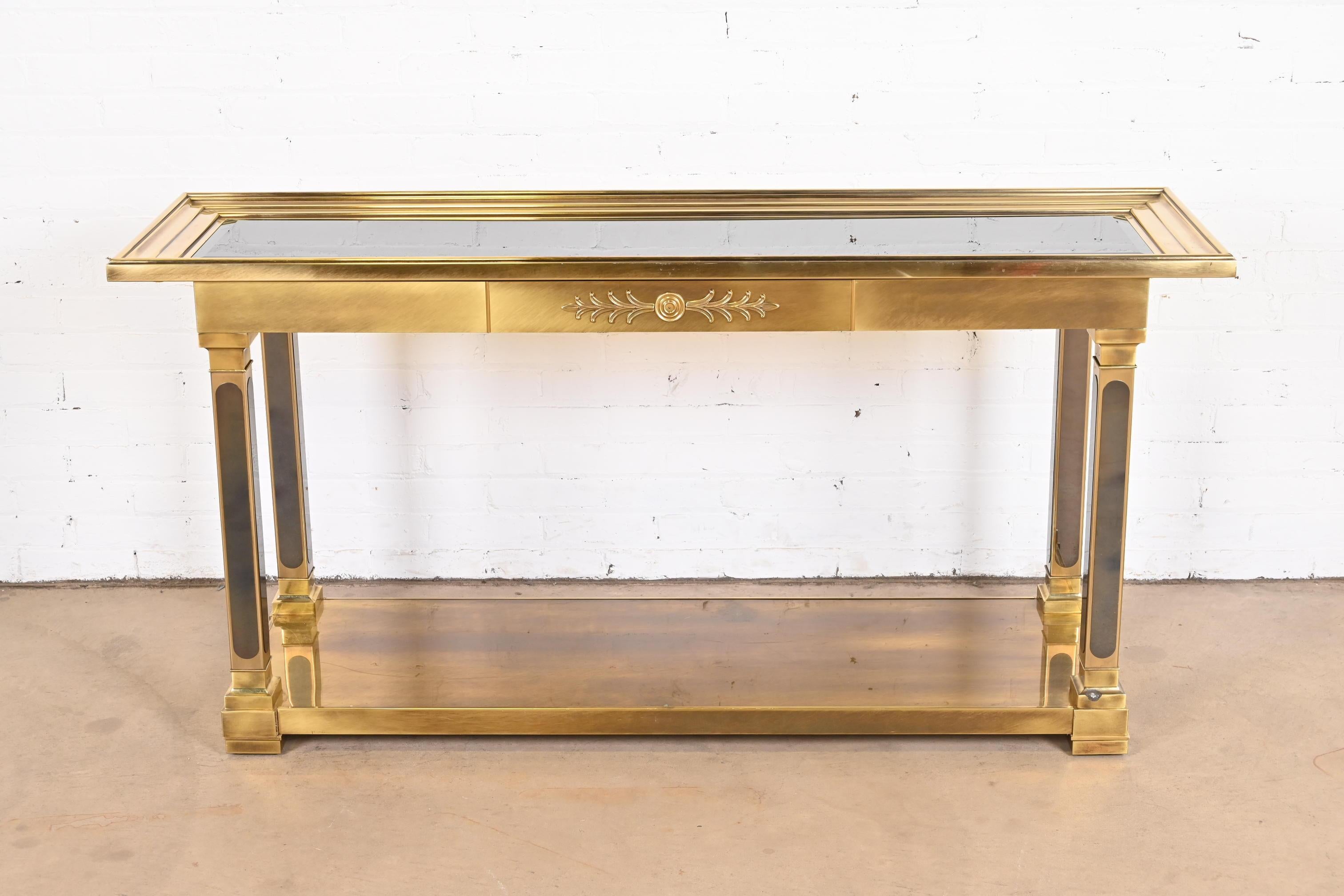 Mastercraft Hollywood Regency Brass and Smoked Glass Console Table, 1970s In Good Condition In South Bend, IN