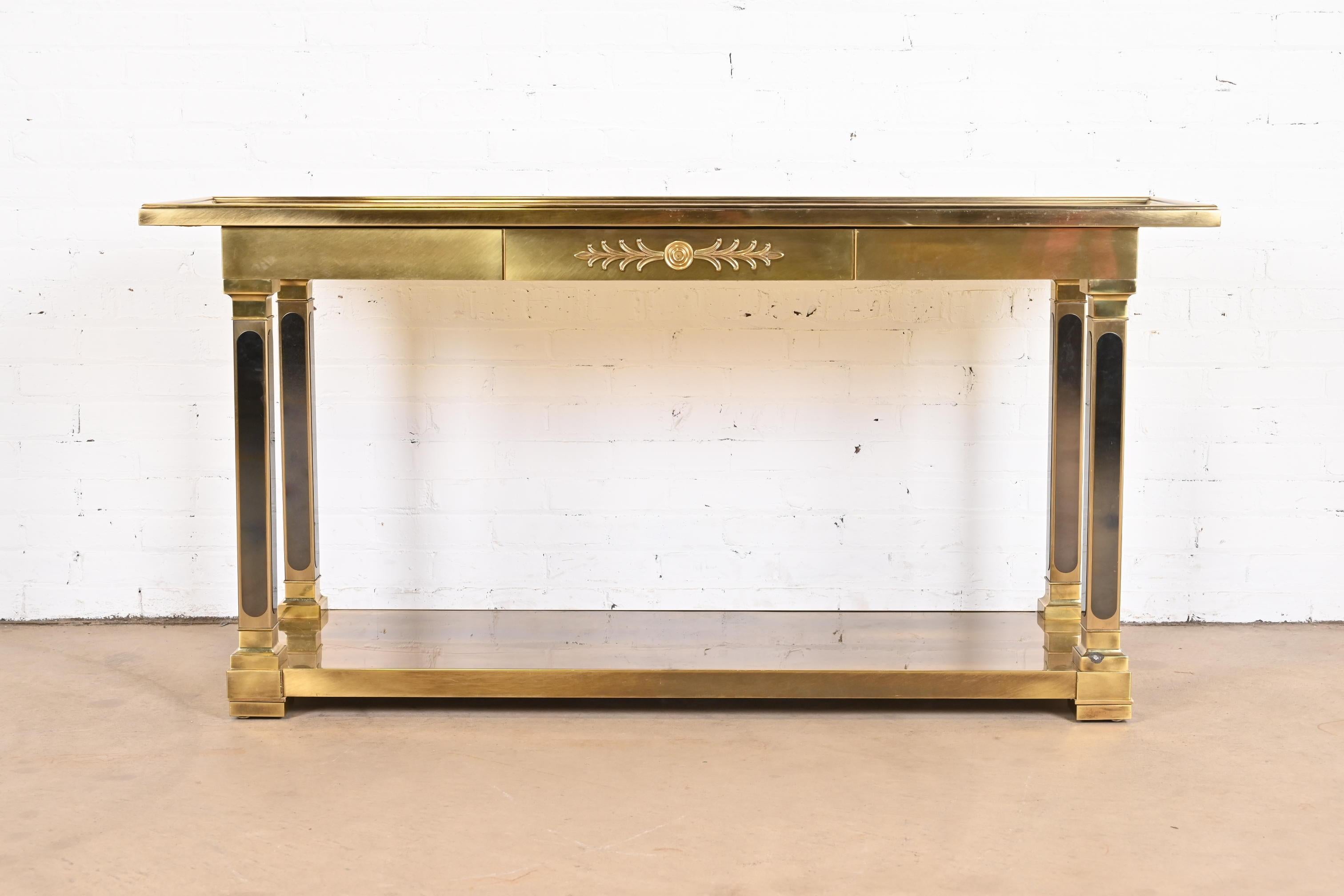 Late 20th Century Mastercraft Hollywood Regency Brass and Smoked Glass Console Table, 1970s