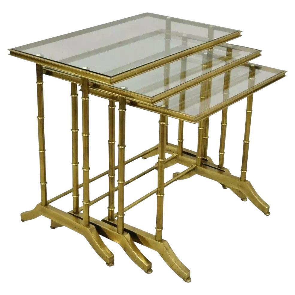 Mastercraft Hollywood Regency Brass Faux Bamboo Glass Top Nesting Side Tables