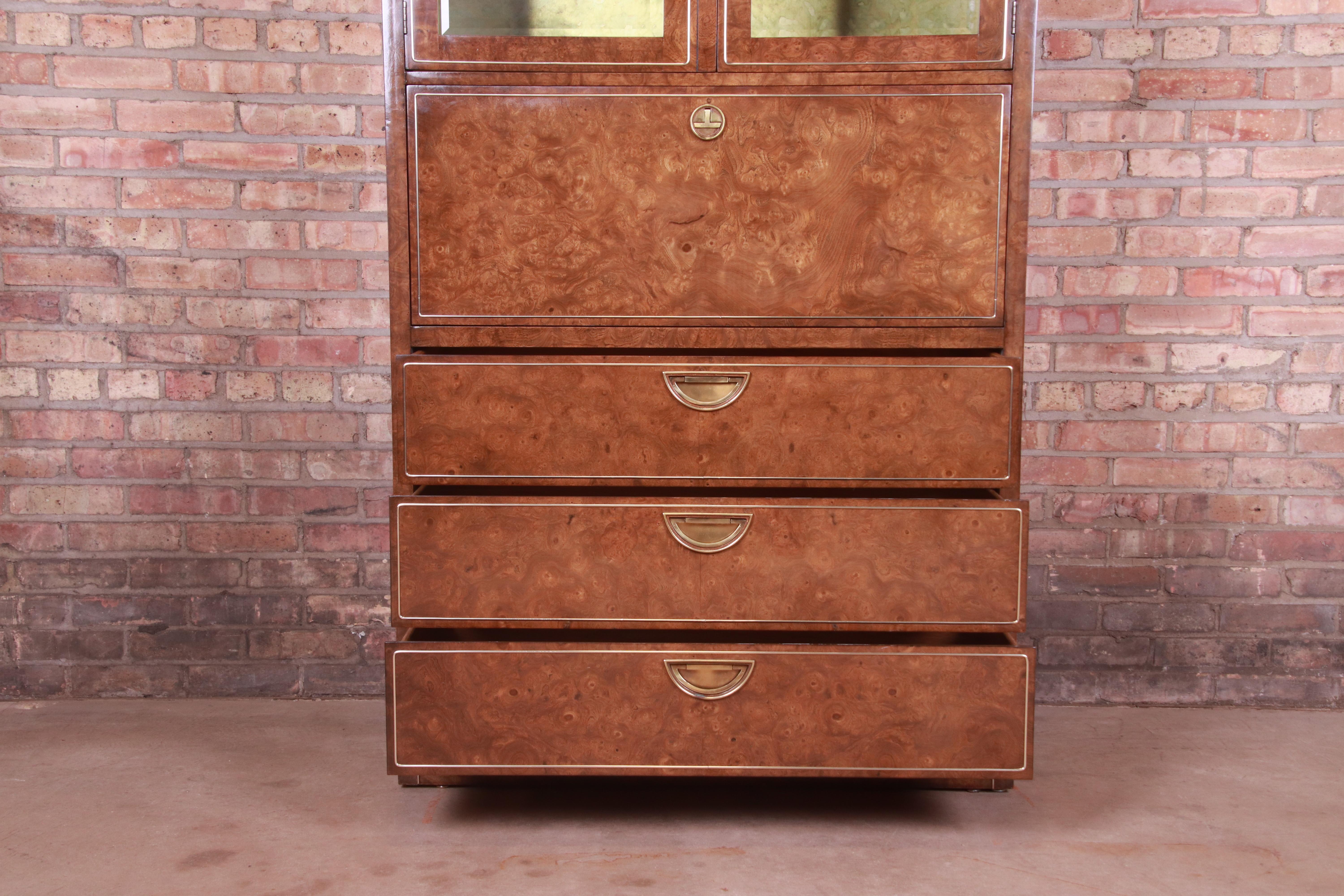 Mastercraft Hollywood Regency Burl And Brass Secretary Desk with Bookcase, 1970s 6