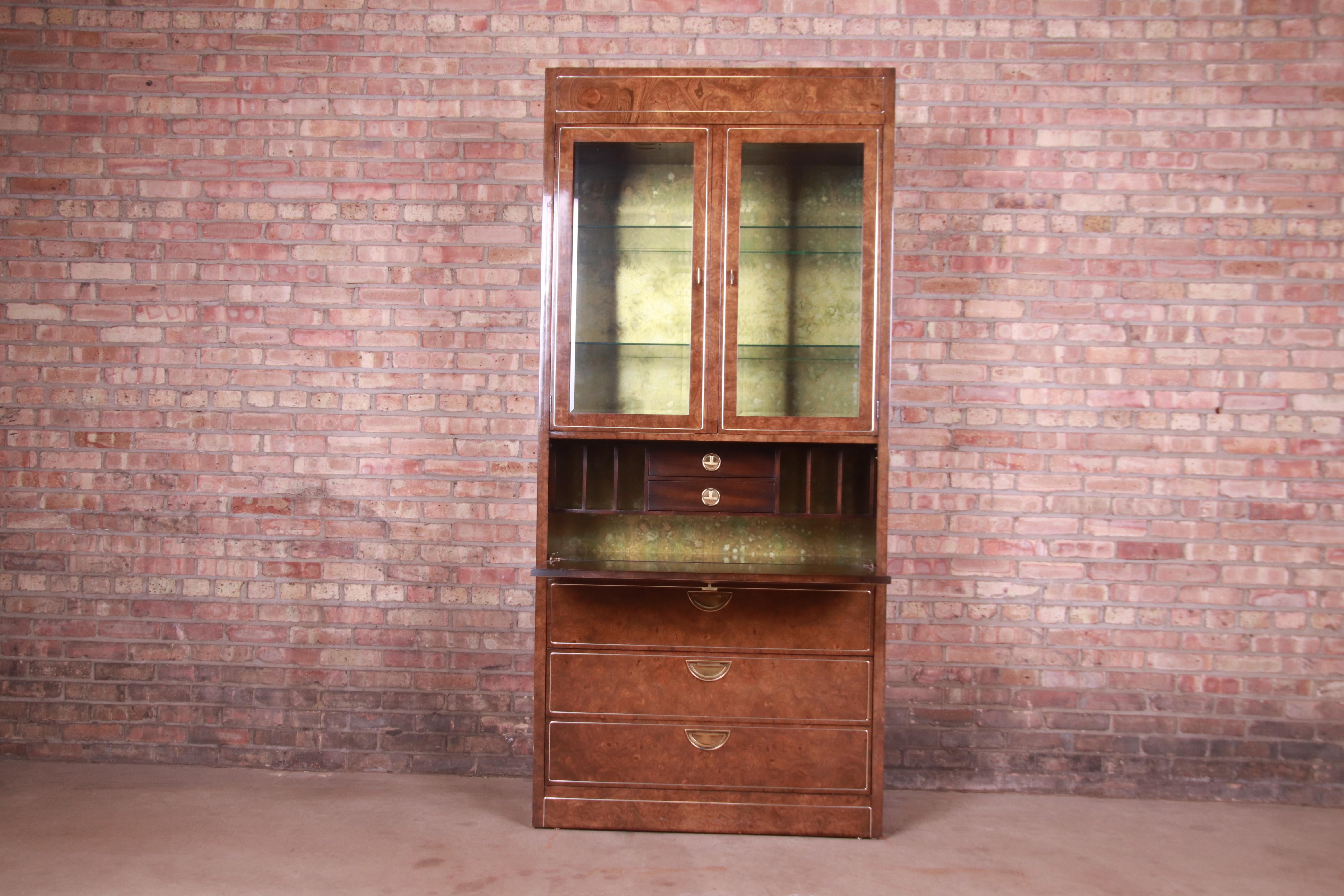 Mid-Century Modern Mastercraft Hollywood Regency Burl And Brass Secretary Desk with Bookcase, 1970s