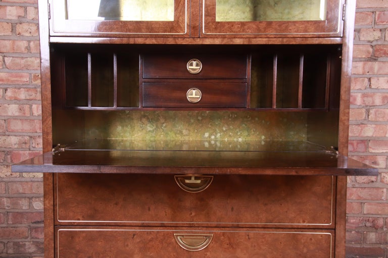 American Mastercraft Hollywood Regency Burl And Brass Secretary Desk with Bookcase, 1970s For Sale