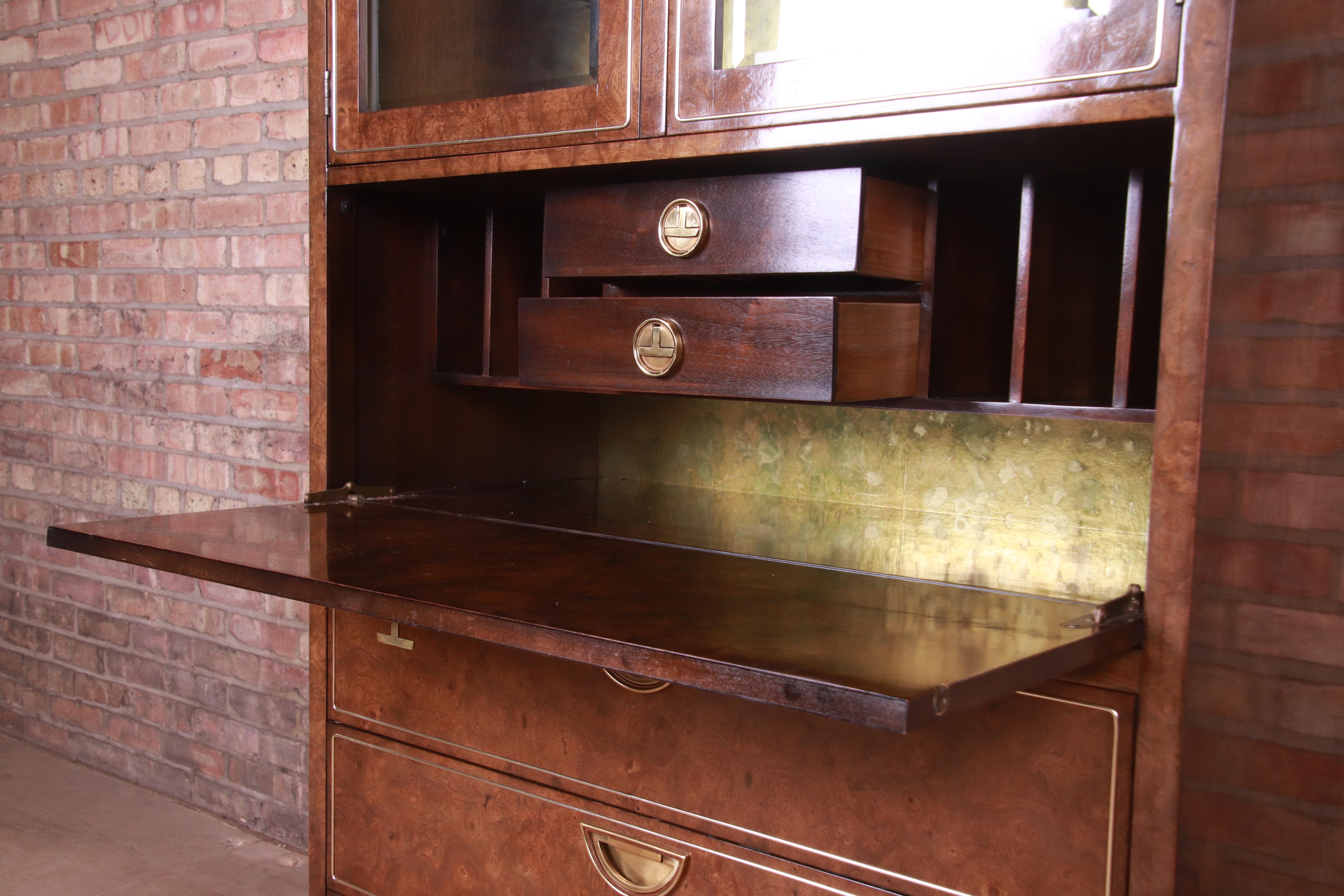 Mastercraft Hollywood Regency Burl And Brass Secretary Desk with Bookcase, 1970s In Good Condition In South Bend, IN