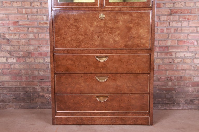Mastercraft Hollywood Regency Burl And Brass Secretary Desk with Bookcase, 1970s For Sale 1