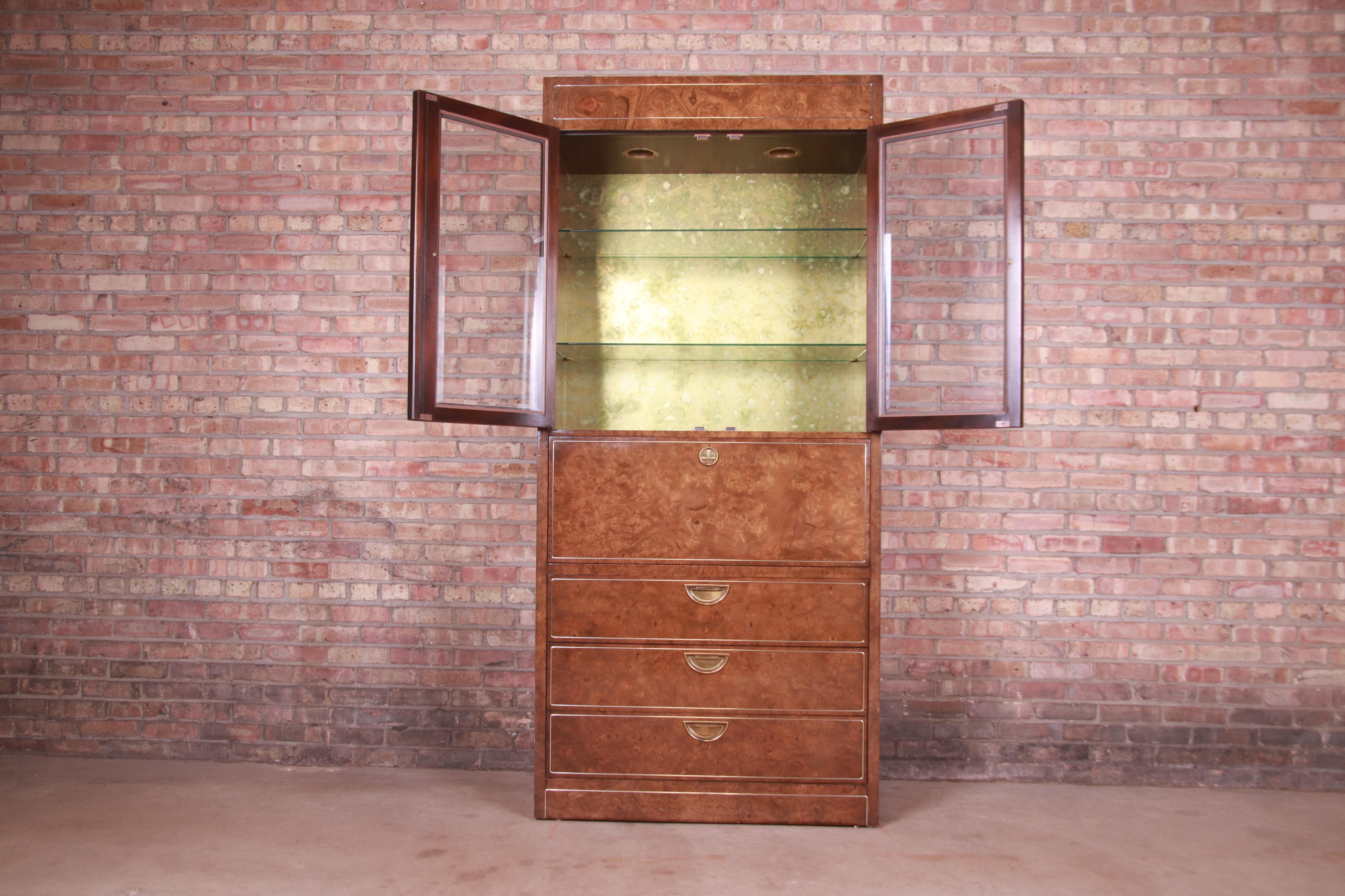 Mastercraft Hollywood Regency Burl And Brass Secretary Desk with Bookcase, 1970s 2