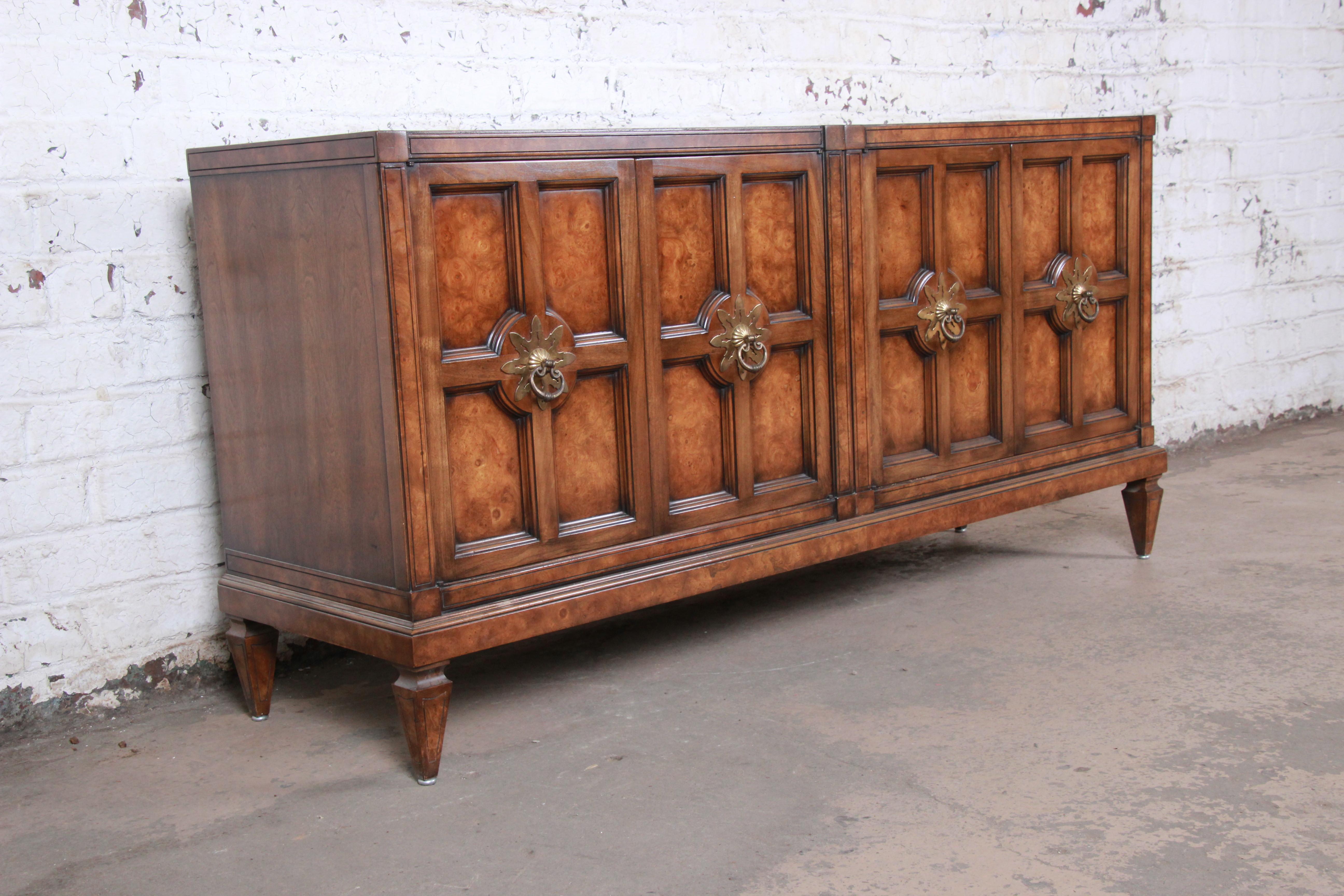 Mid-Century Modern Mastercraft Hollywood Regency Burl Sideboard Credenza or Bar Cabinet, Restored