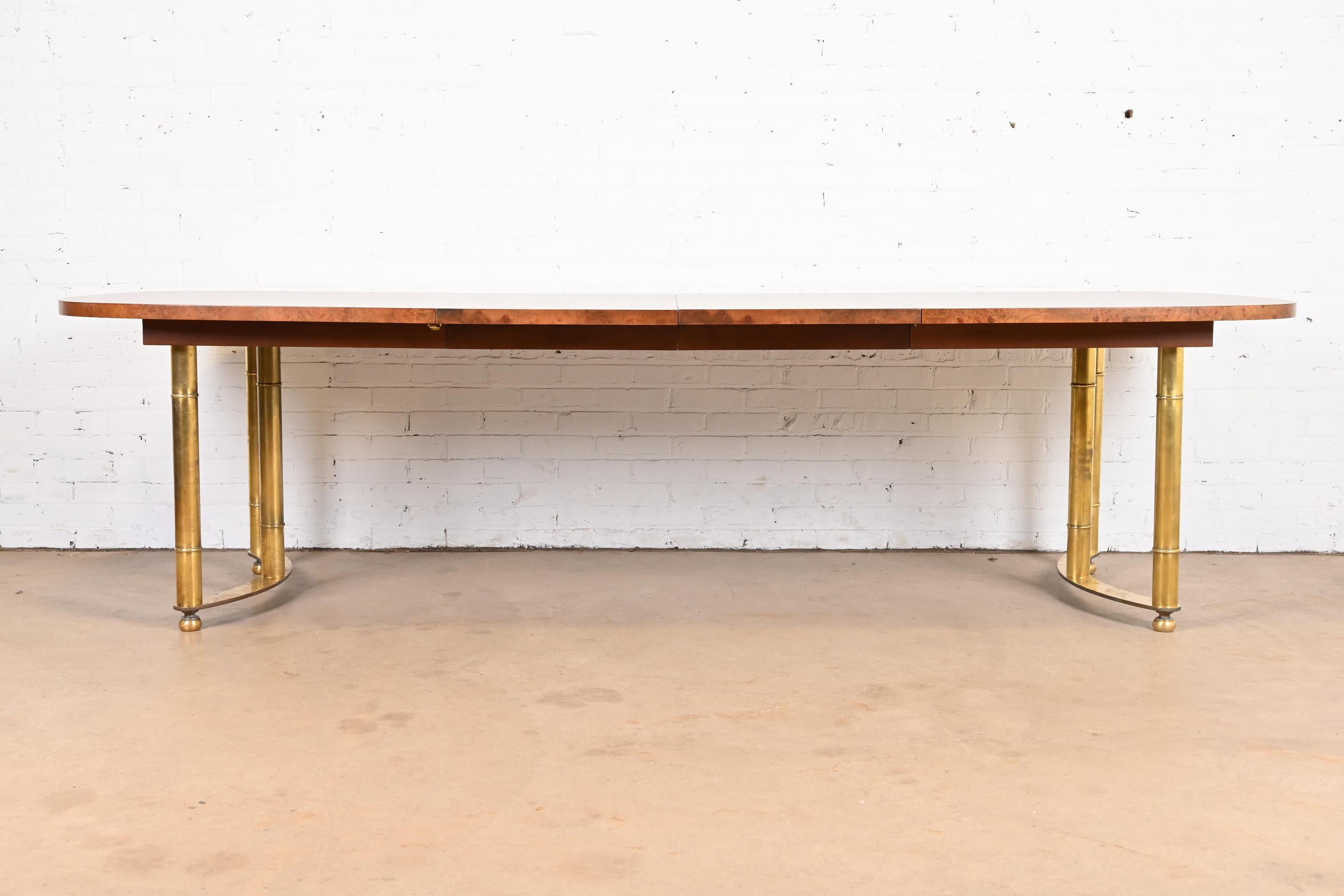 Mid-Century Modern Mastercraft Hollywood Regency Burl Wood and Brass Dining Table, Newly Refinished