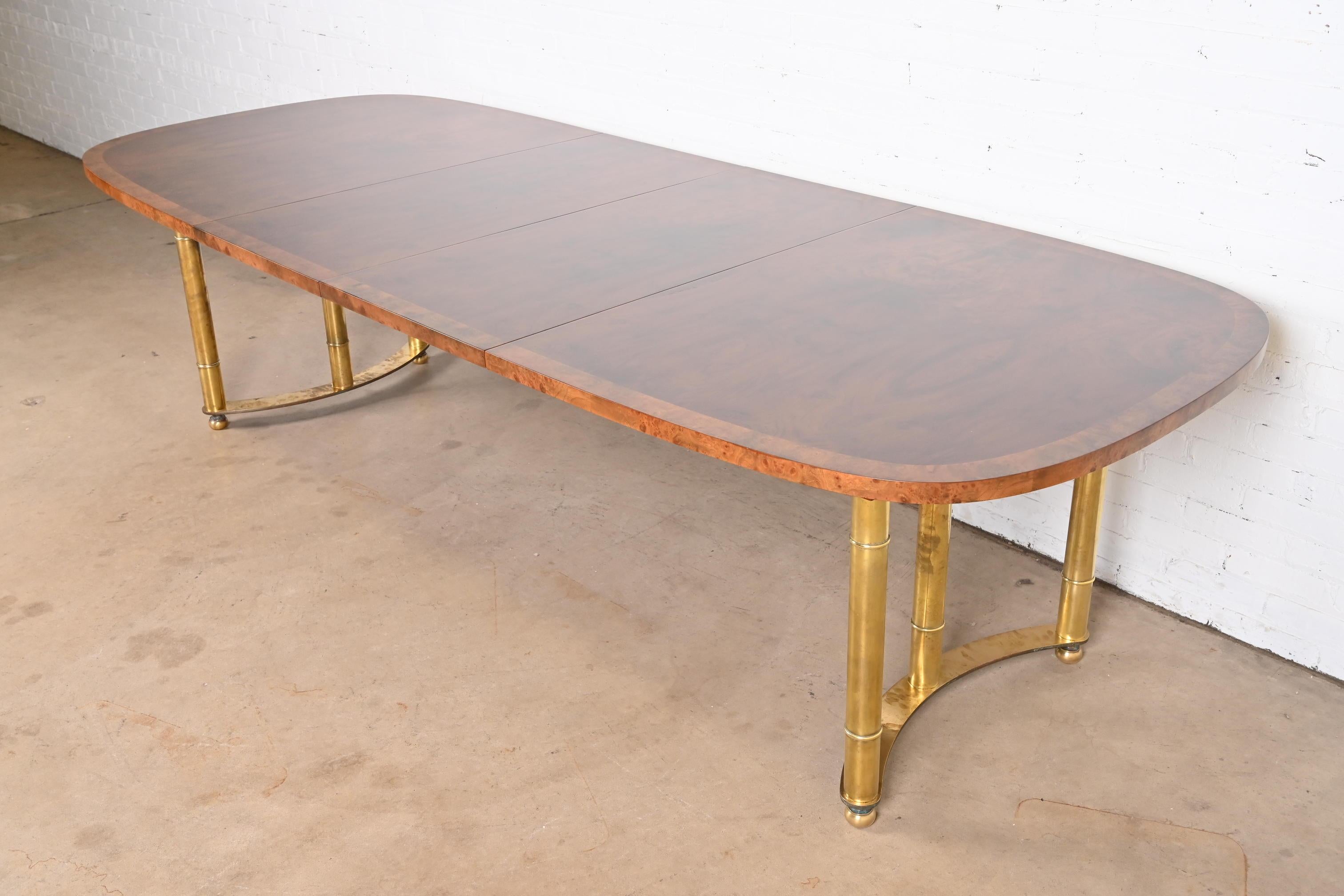 American Mastercraft Hollywood Regency Burl Wood and Brass Dining Table, Newly Refinished