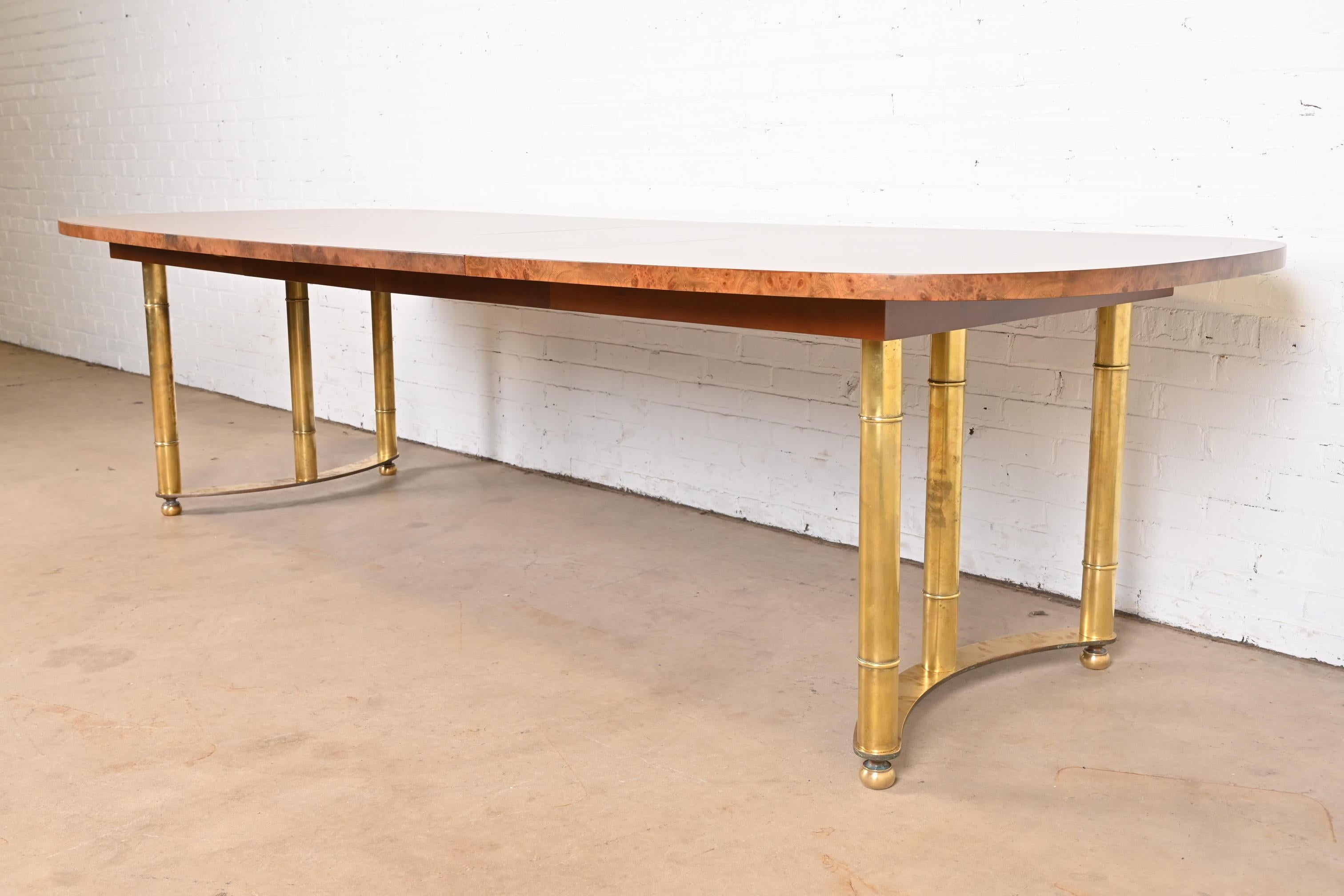 Mastercraft Hollywood Regency Burl Wood and Brass Dining Table, Newly Refinished In Good Condition In South Bend, IN