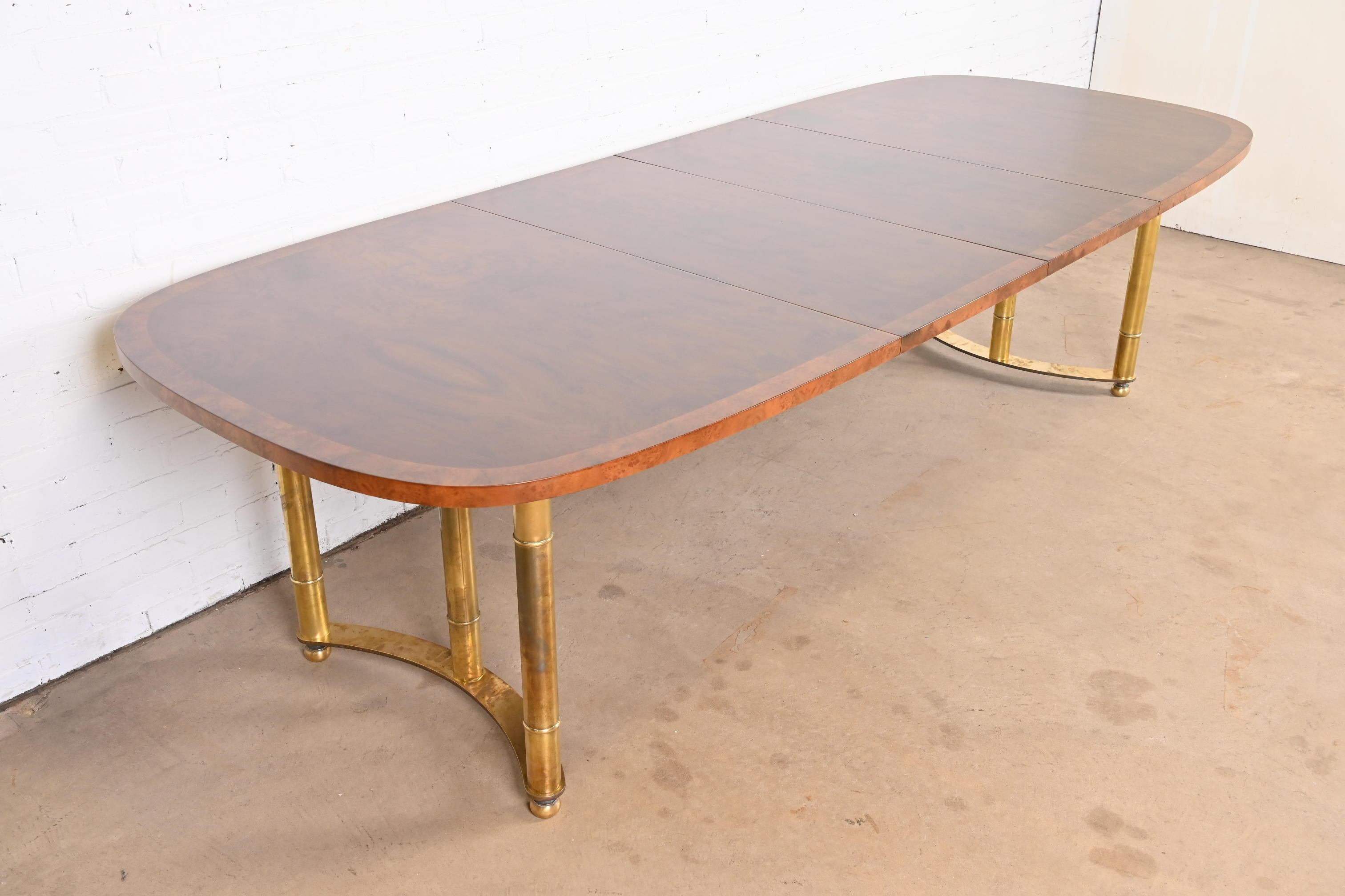 Late 20th Century Mastercraft Hollywood Regency Burl Wood and Brass Dining Table, Newly Refinished