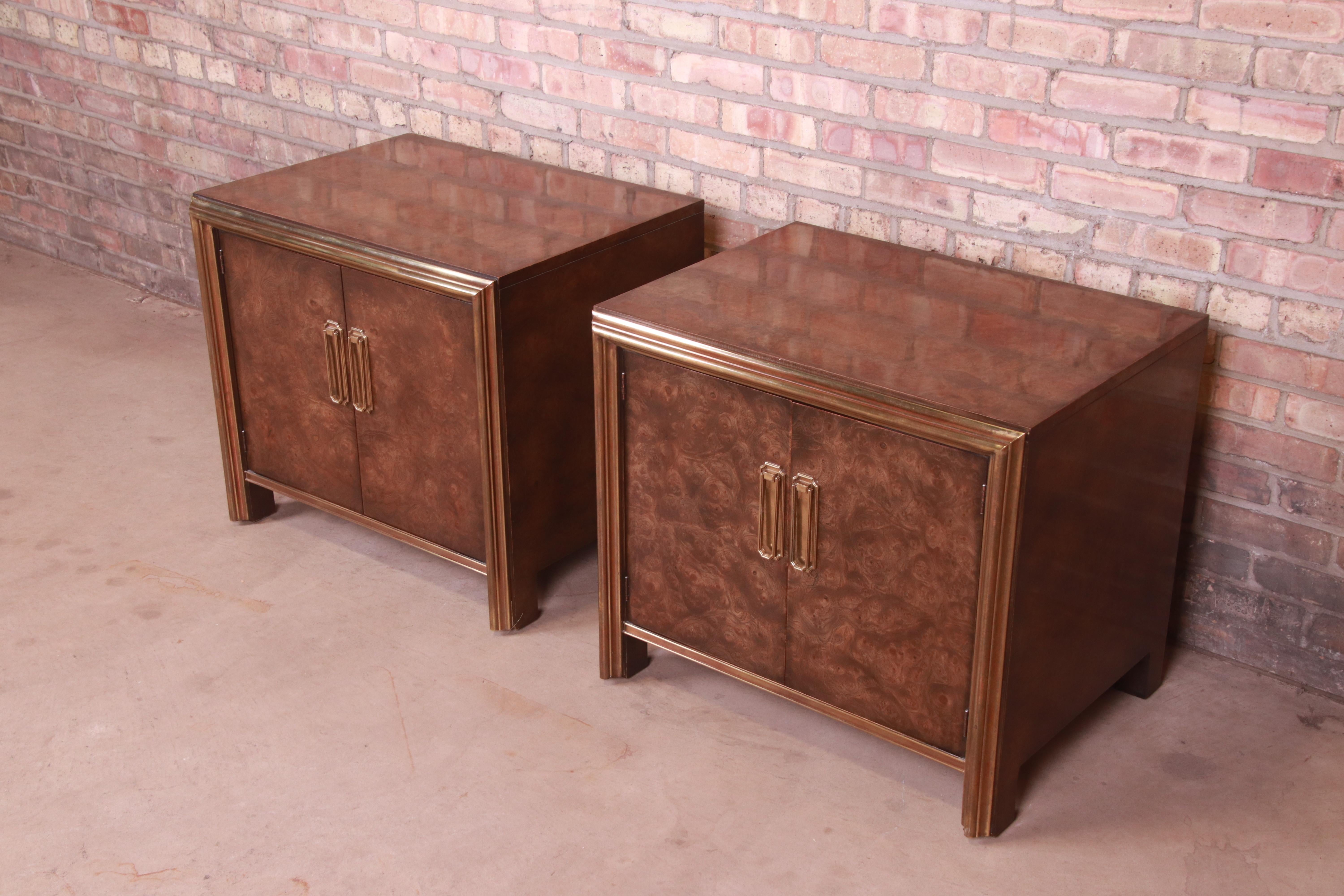 American Mastercraft Hollywood Regency Burl Wood and Brass Nightstands, 1970s For Sale