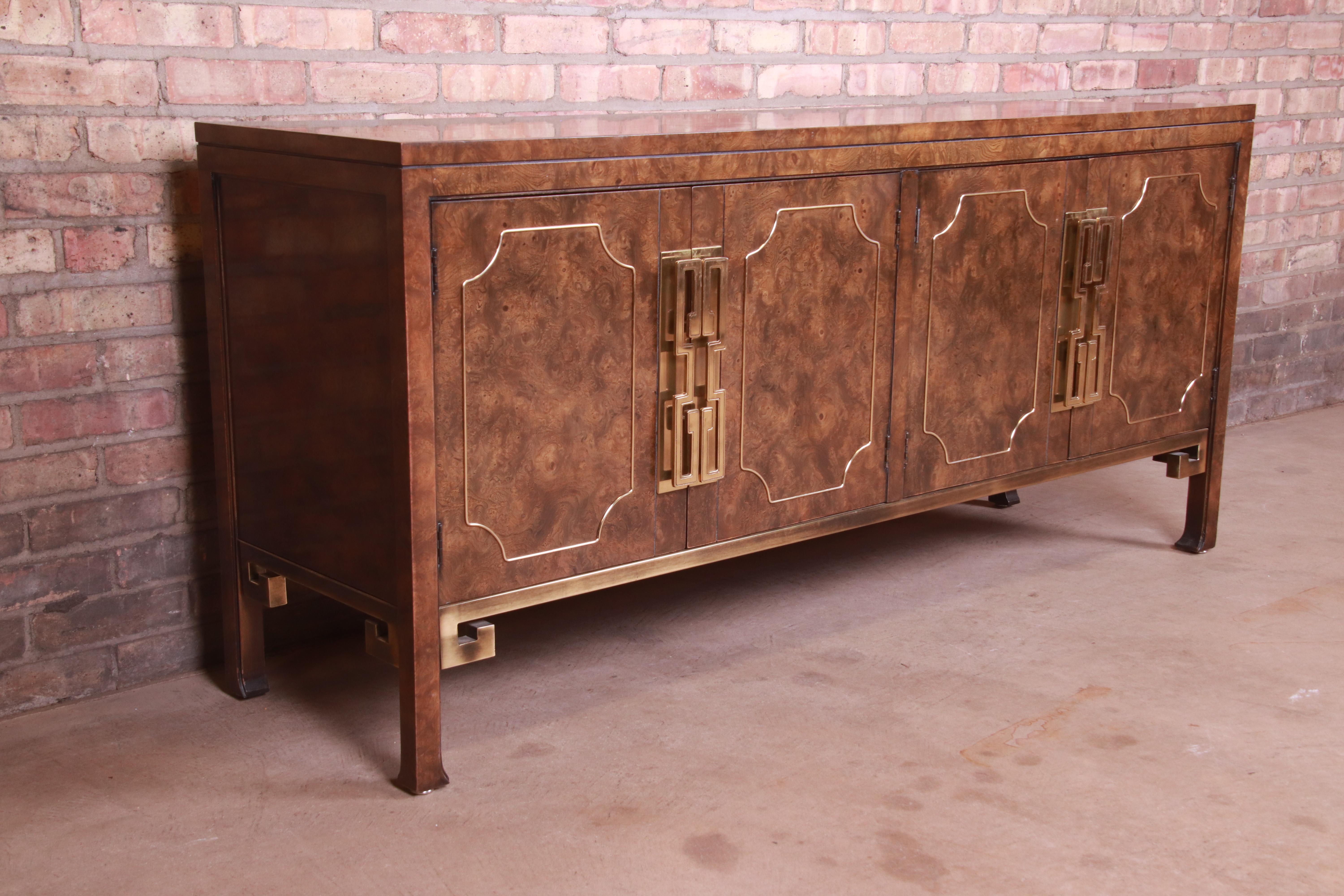 Late 20th Century Mastercraft Hollywood Regency Burl Wood and Brass Sideboard Credenza, 1970s