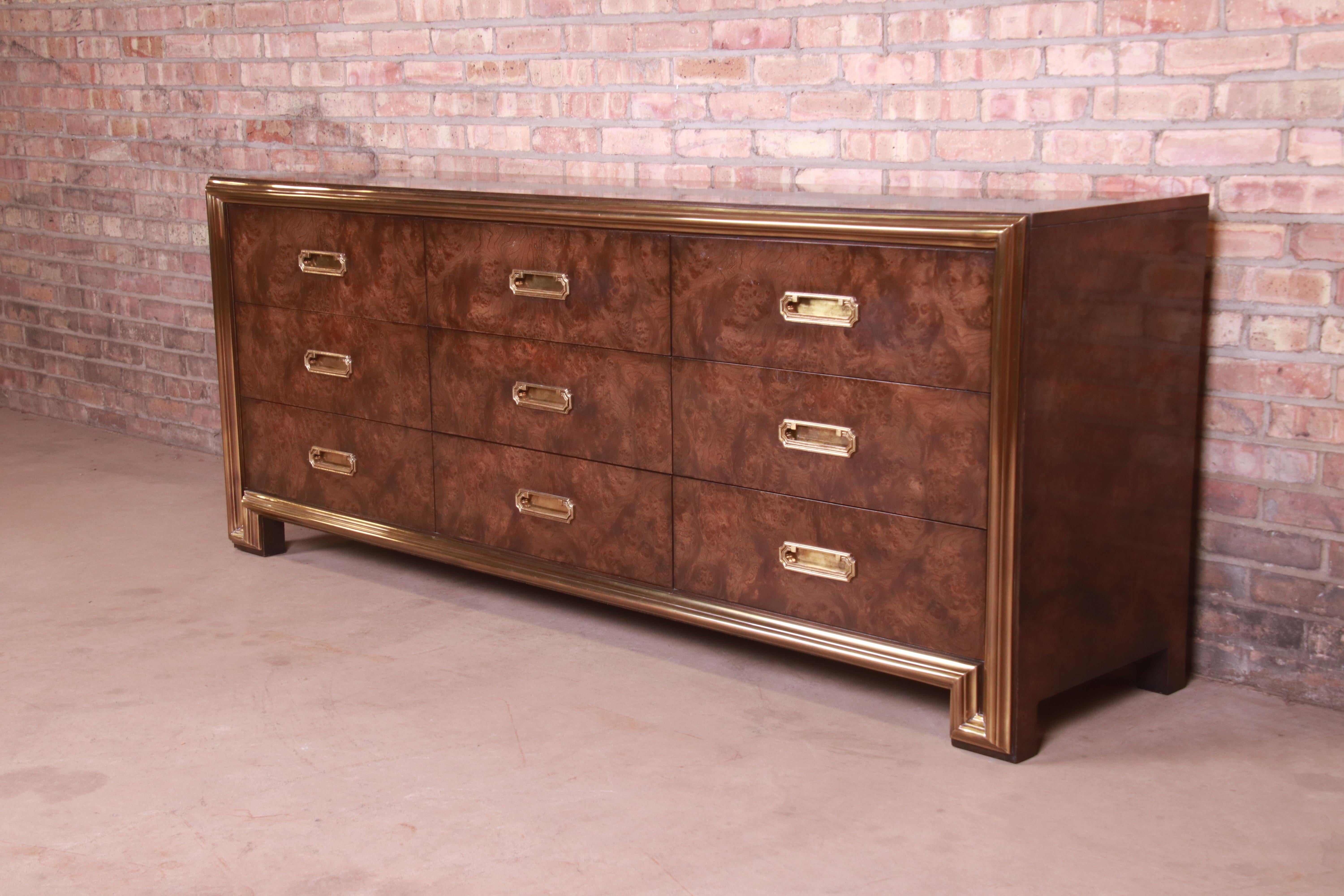 Mastercraft Hollywood Regency Burl Wood and Brass Triple Dresser or Credenza In Good Condition In South Bend, IN