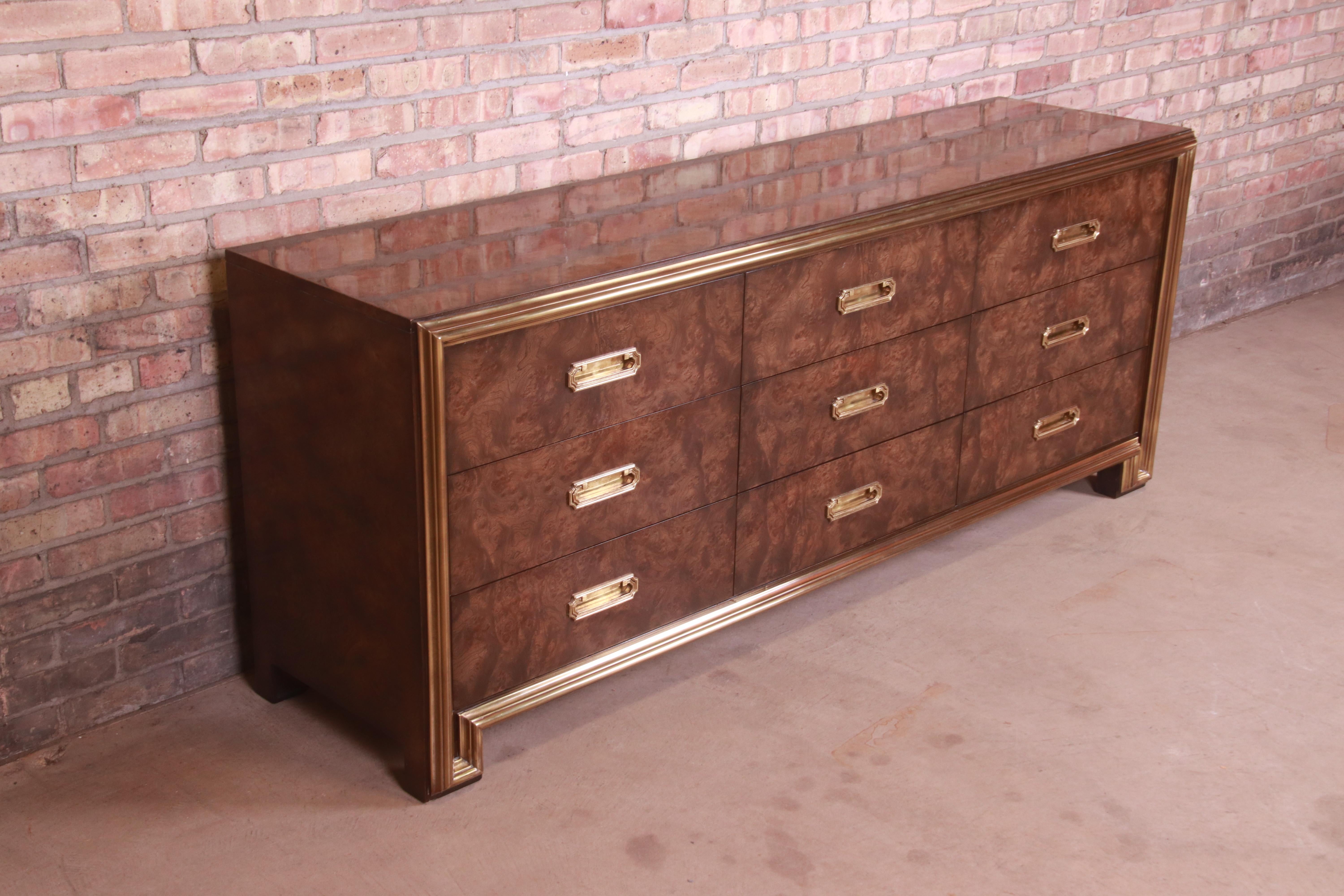 Late 20th Century Mastercraft Hollywood Regency Burl Wood and Brass Triple Dresser or Credenza