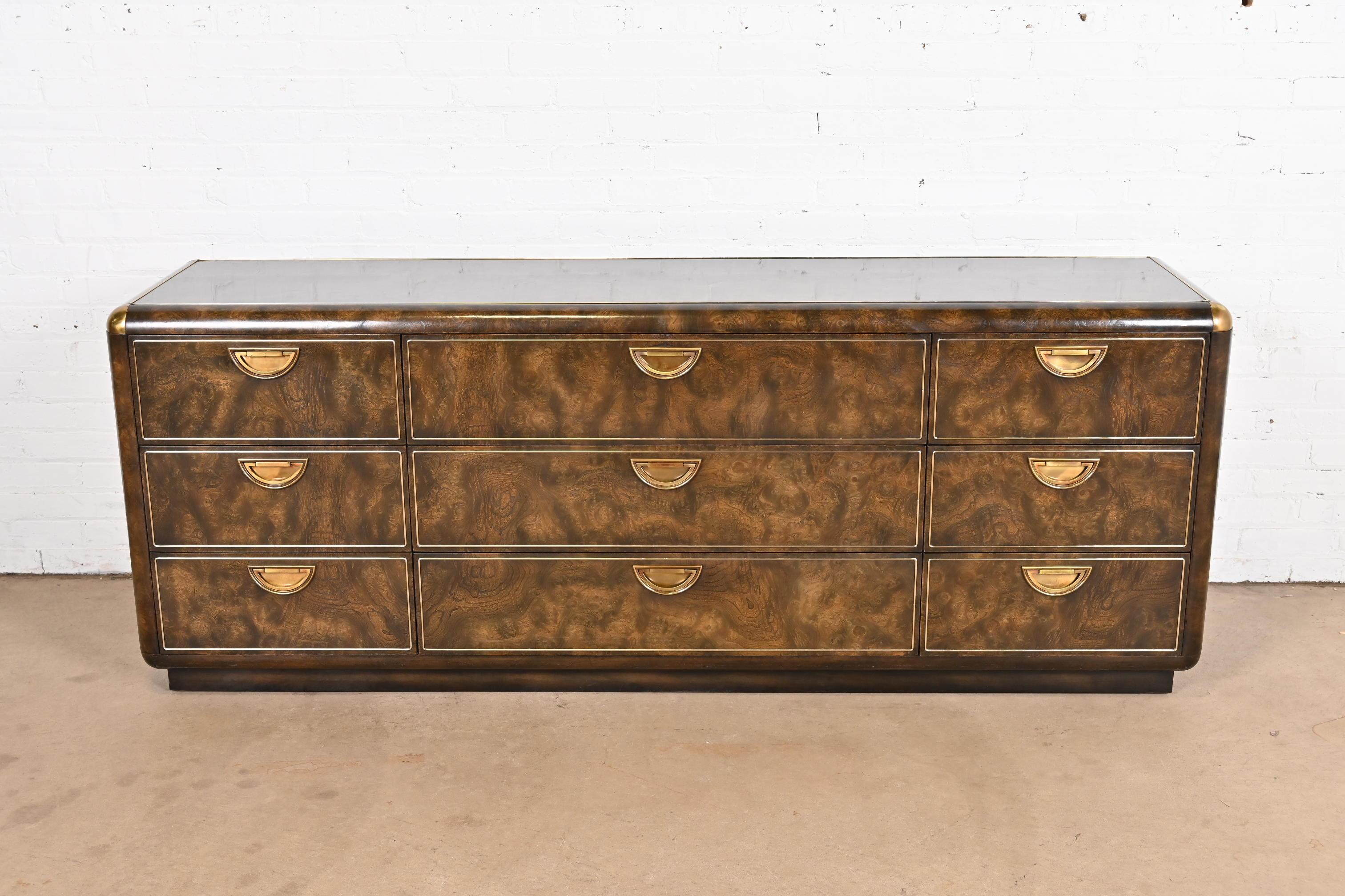 American Mastercraft Hollywood Regency Campaign Burl Wood and Brass Nine-Drawer Dresser For Sale