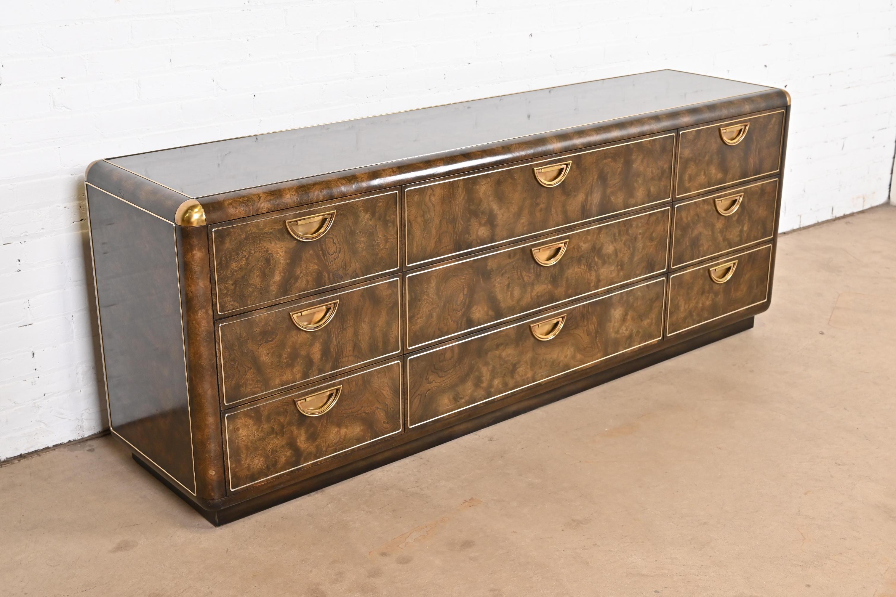Late 20th Century Mastercraft Hollywood Regency Campaign Burl Wood and Brass Nine-Drawer Dresser For Sale