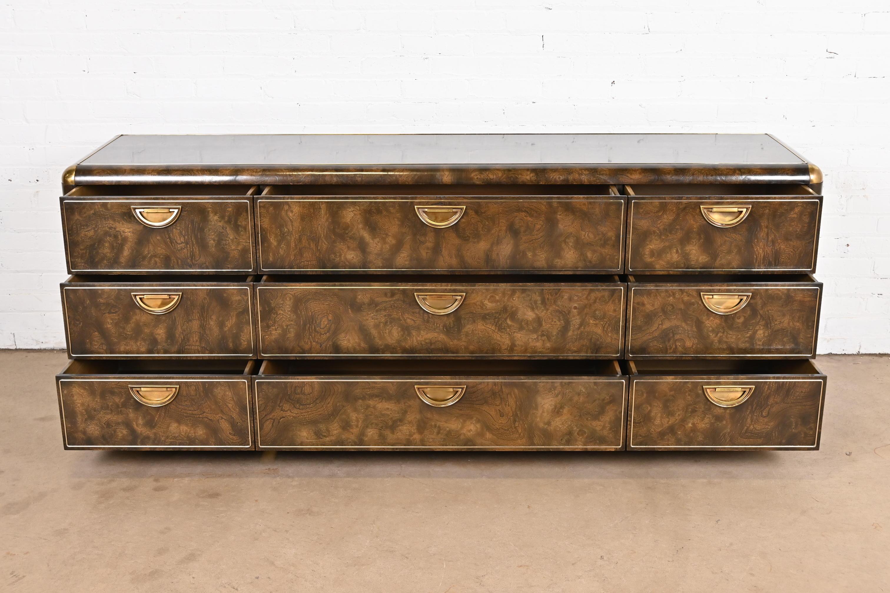 Mastercraft Hollywood Regency Campaign Burl Wood and Brass Nine-Drawer Dresser For Sale 1