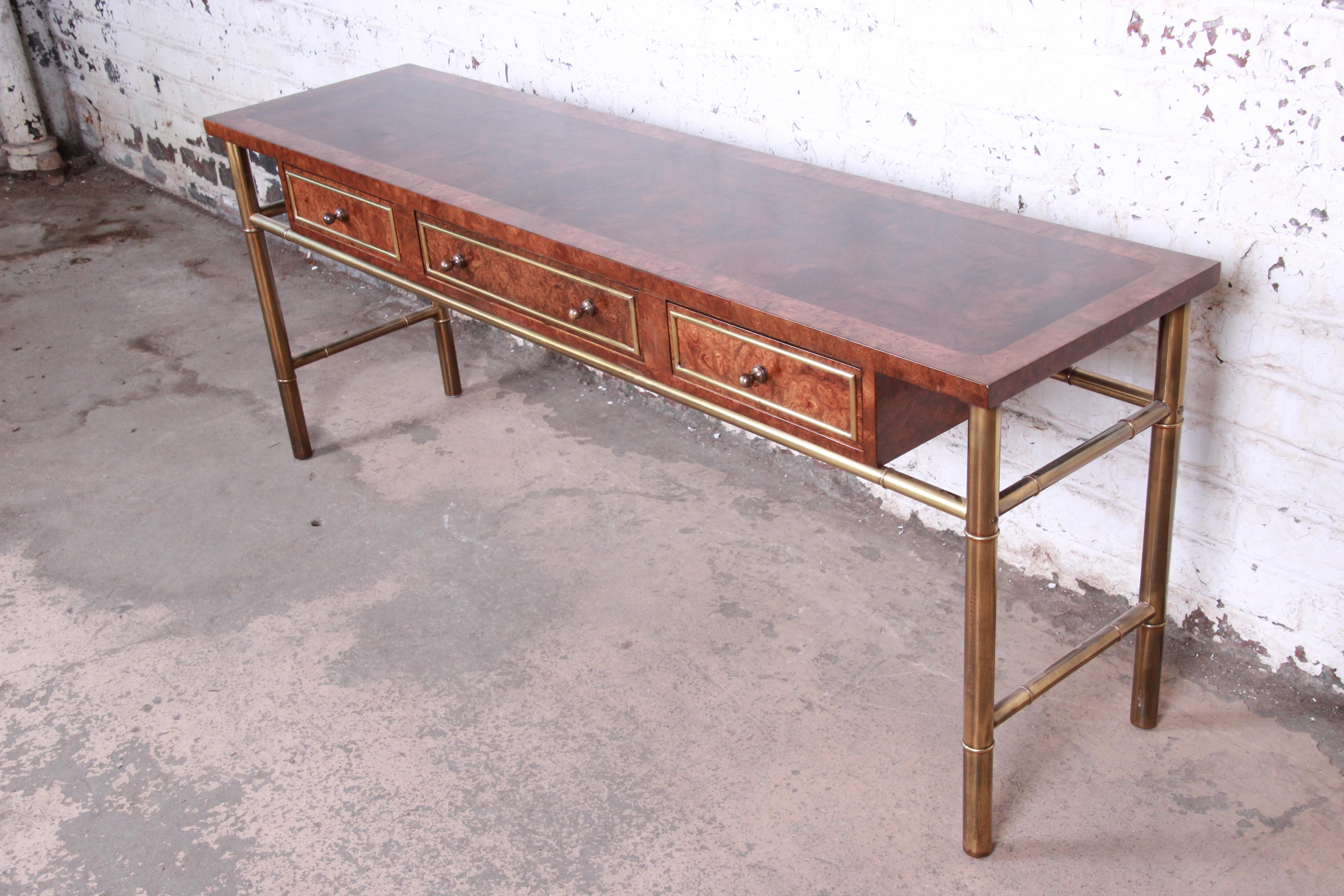 Mid-Century Modern Mastercraft Hollywood Regency Chinoiserie Faux Bamboo Brass and Burl Console