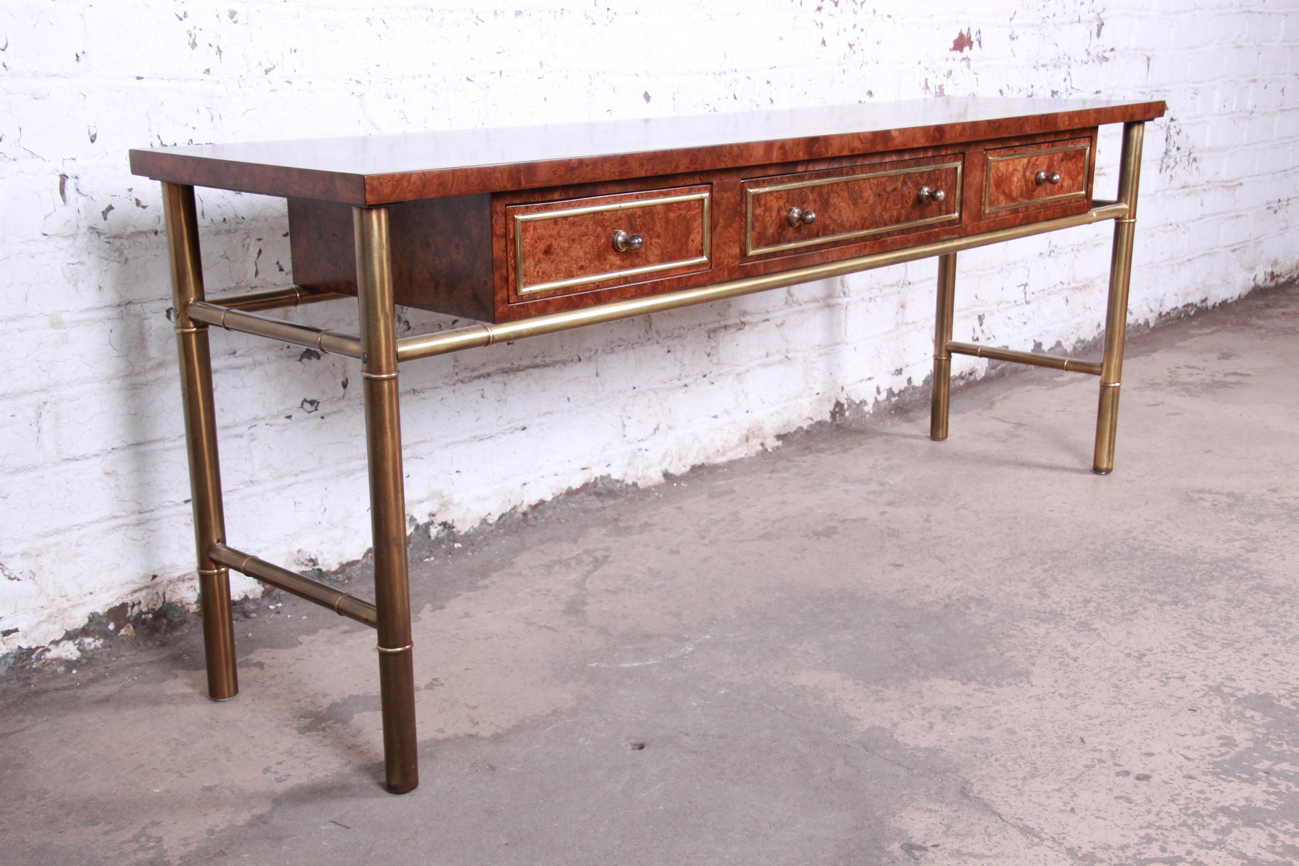 Late 20th Century Mastercraft Hollywood Regency Chinoiserie Faux Bamboo Brass and Burl Console