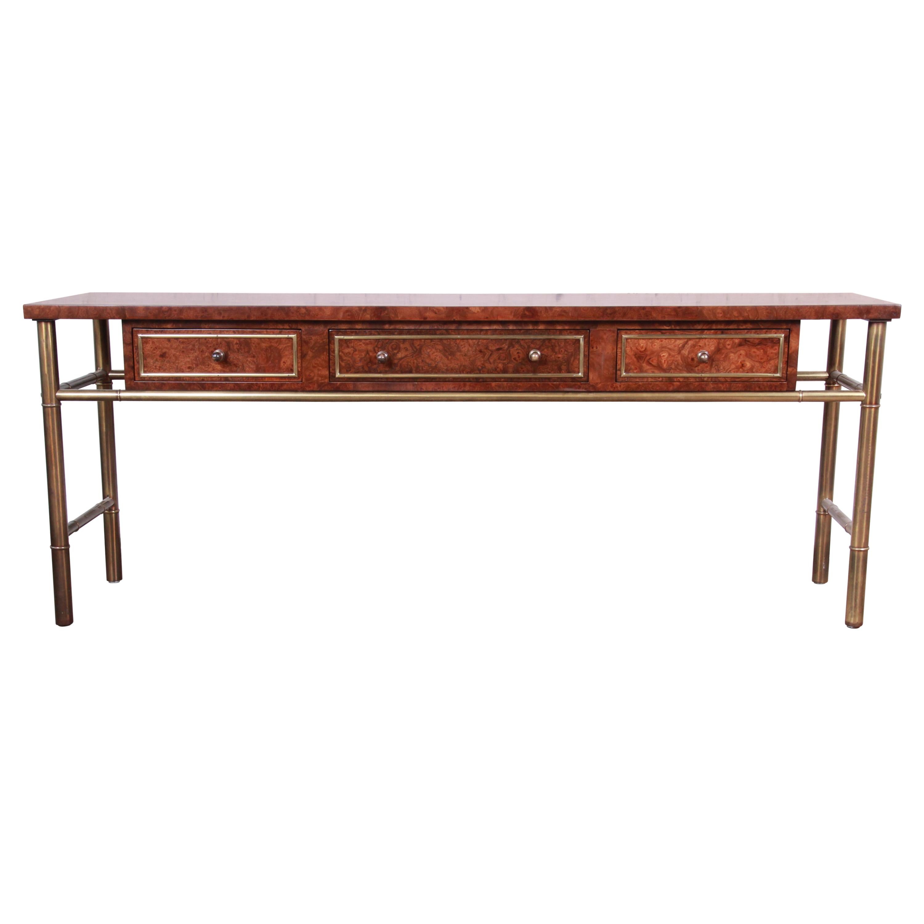 Mastercraft Hollywood Regency Chinoiserie Faux Bamboo Brass and Burl Console