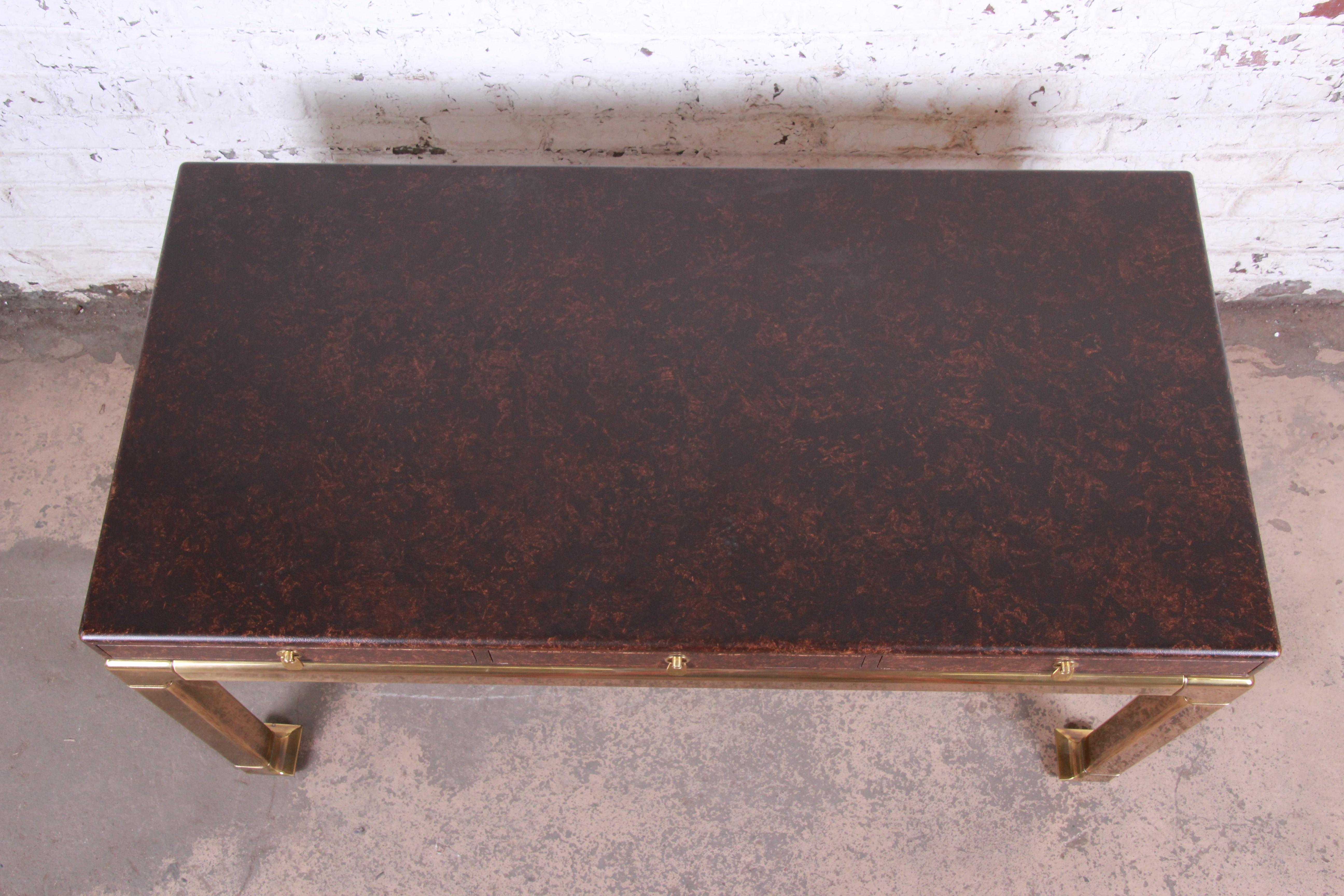 Mastercraft Hollywood Regency Chinoiserie Tortoise Shell and Brass Writing Desk 12