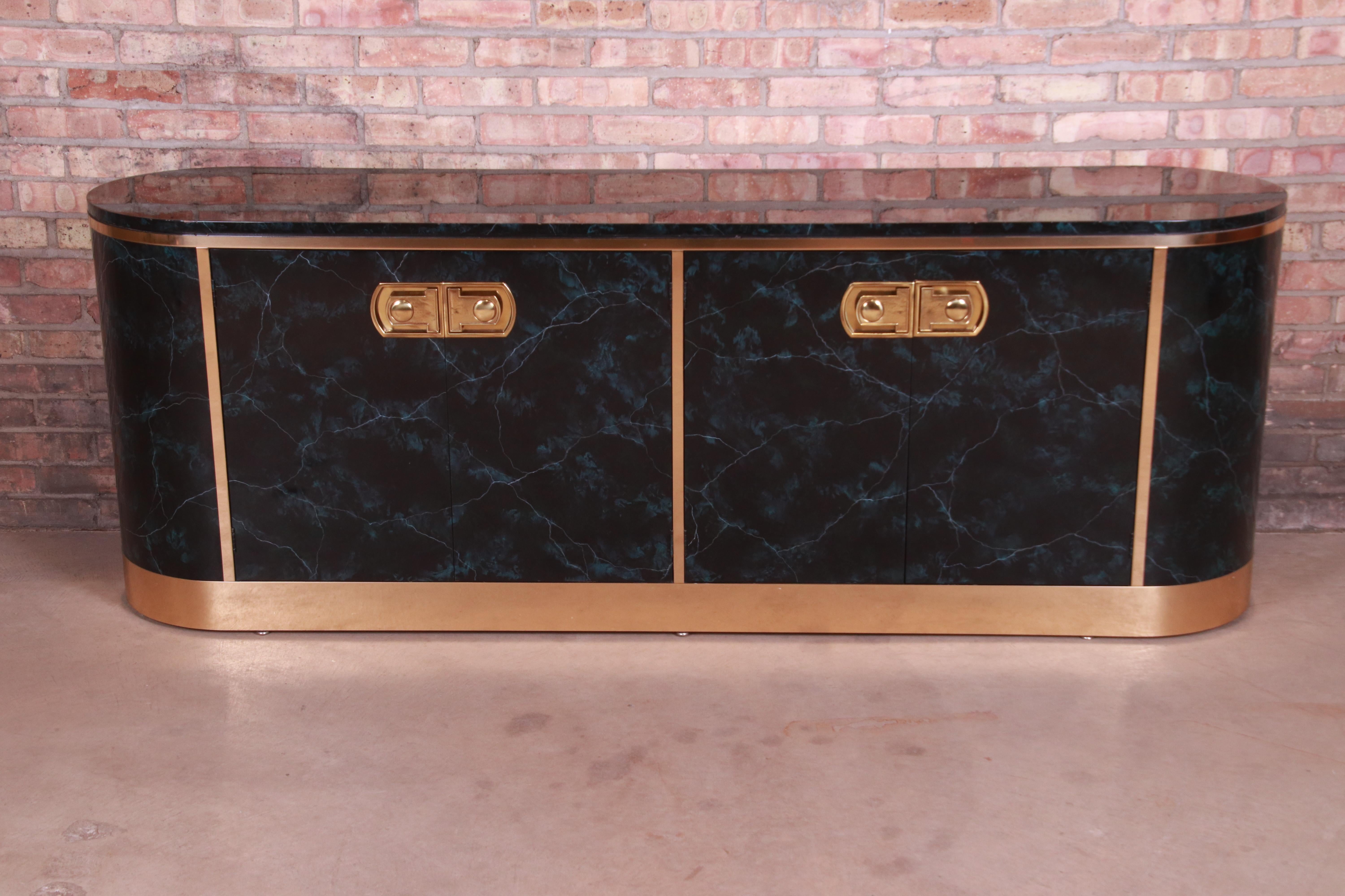 Mid-Century Modern Mastercraft Hollywood Regency Faux Marble and Brass Sideboard Credenza