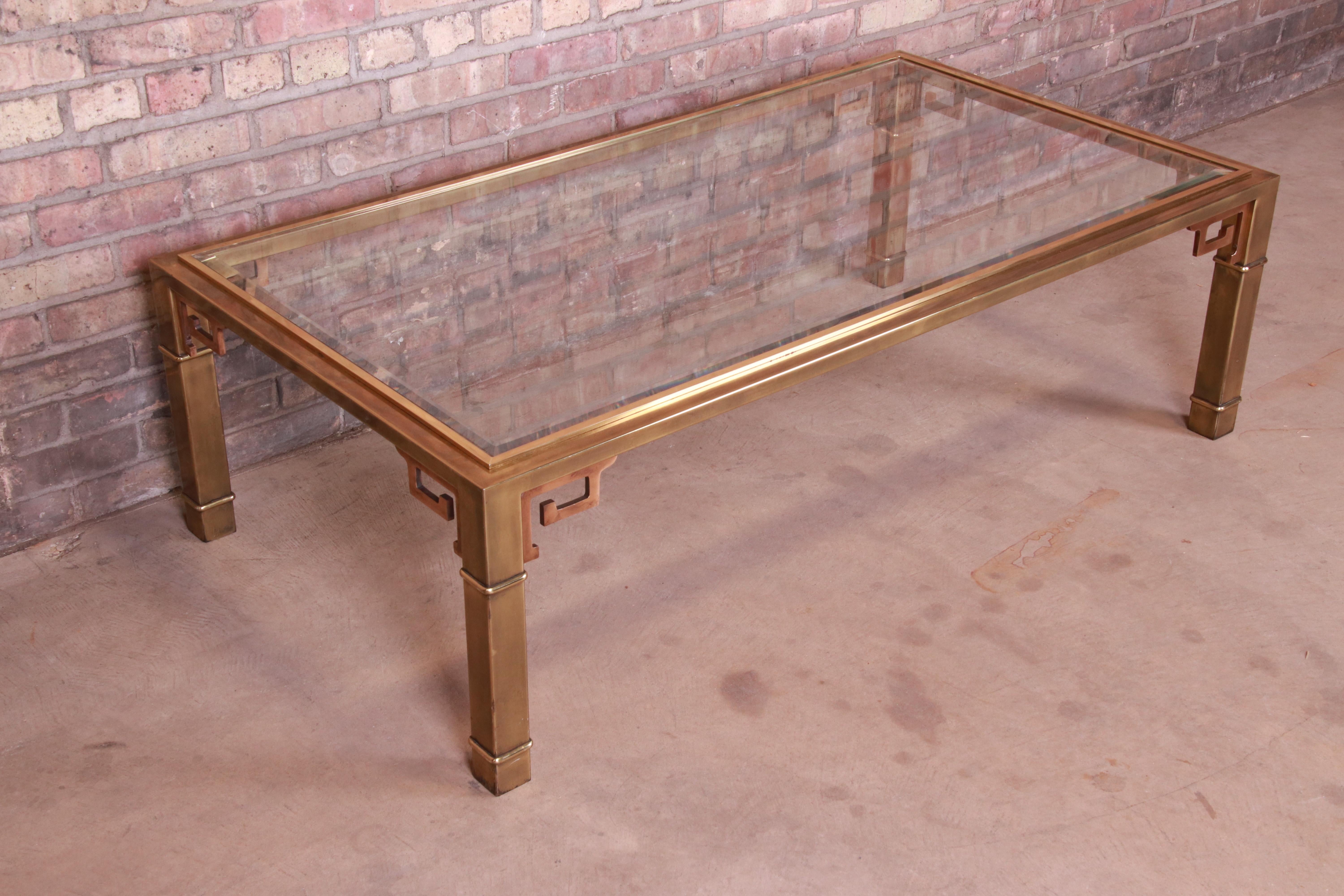 American Mastercraft Hollywood Regency Greek Key Brass and Glass Cocktail Table, 1970s
