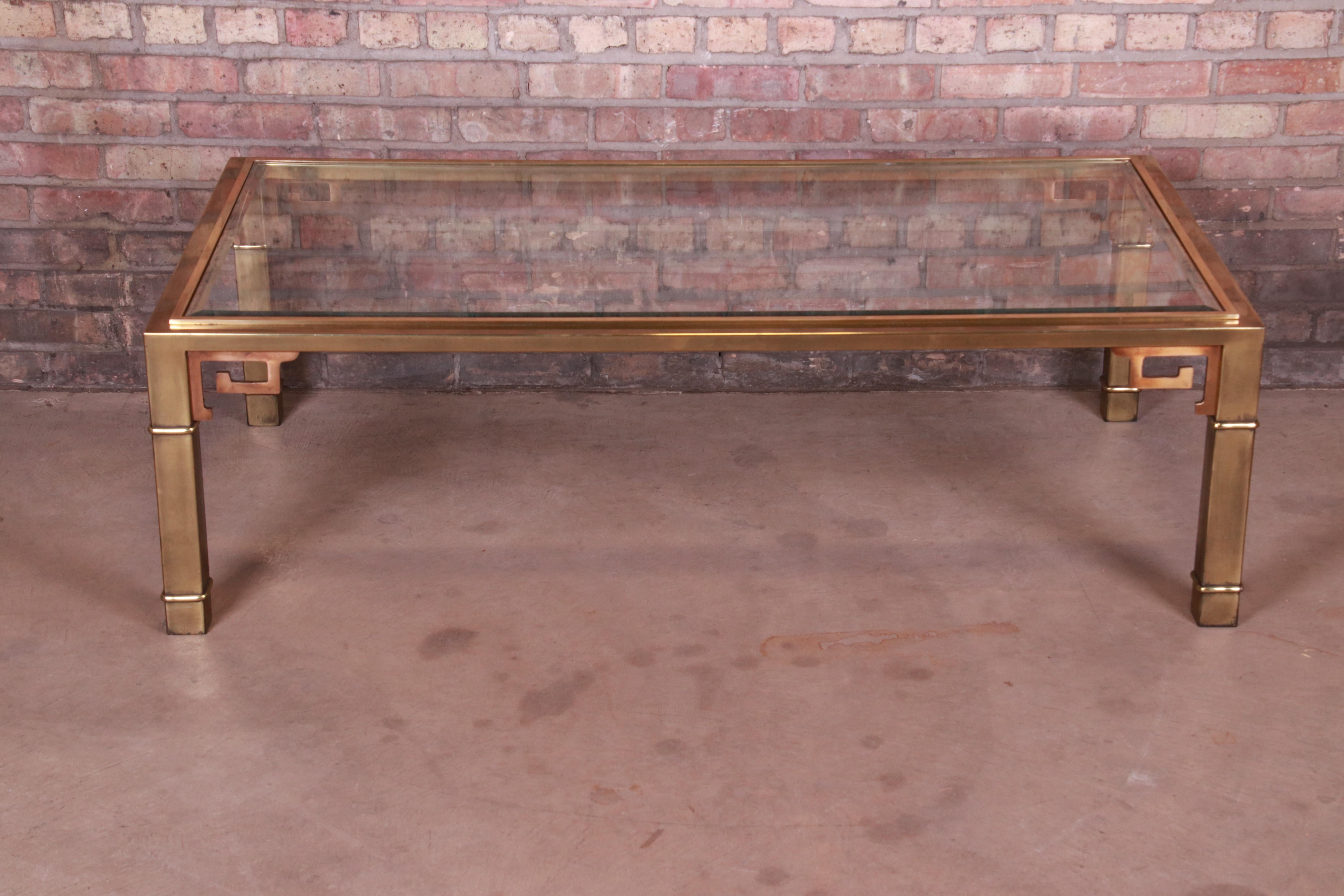 Beveled Mastercraft Hollywood Regency Greek Key Brass and Glass Cocktail Table, 1970s