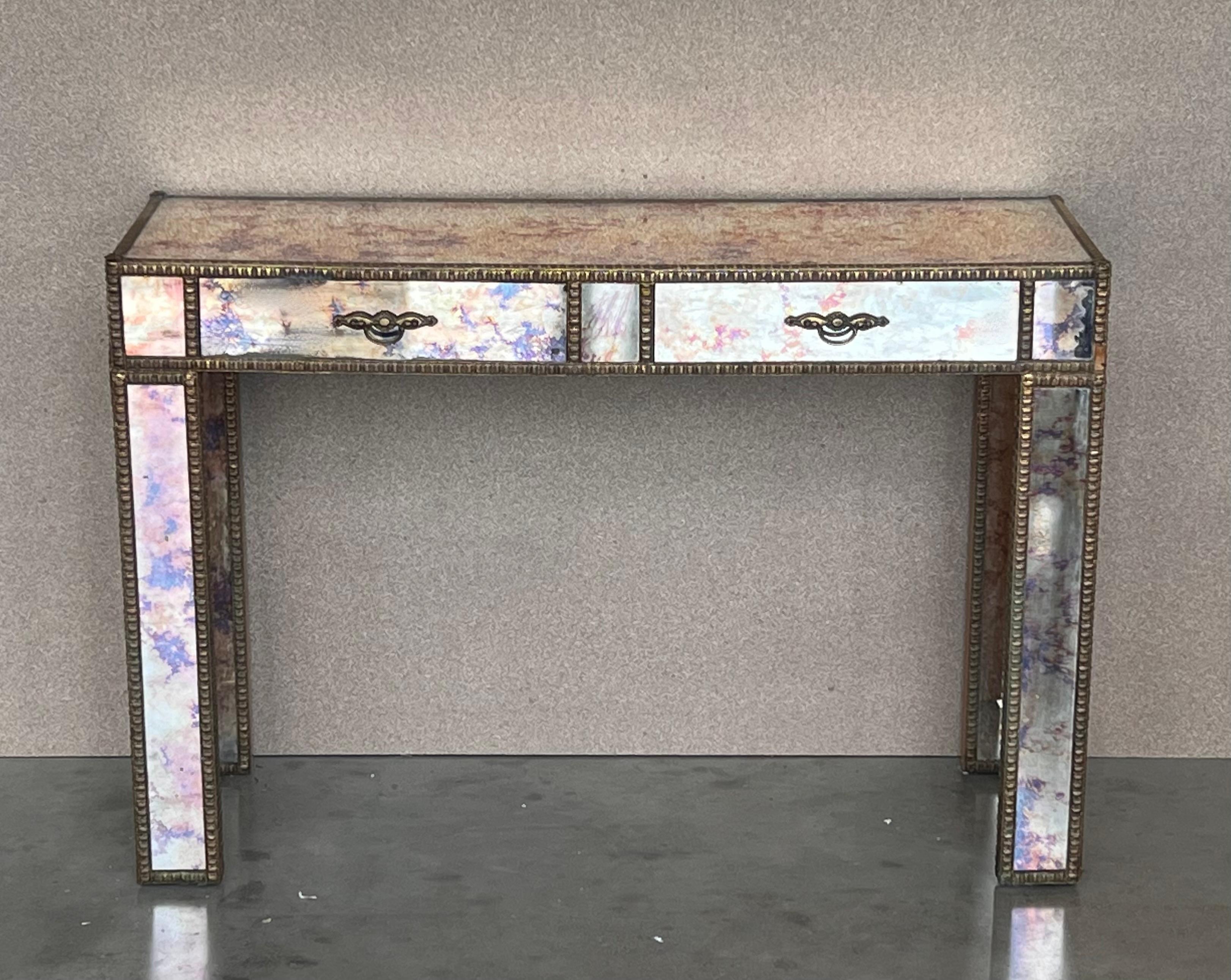 Mid-20th Century Mastercraft Hollywood Regency Greek Key Brass and Mirrored Glass Console Table
