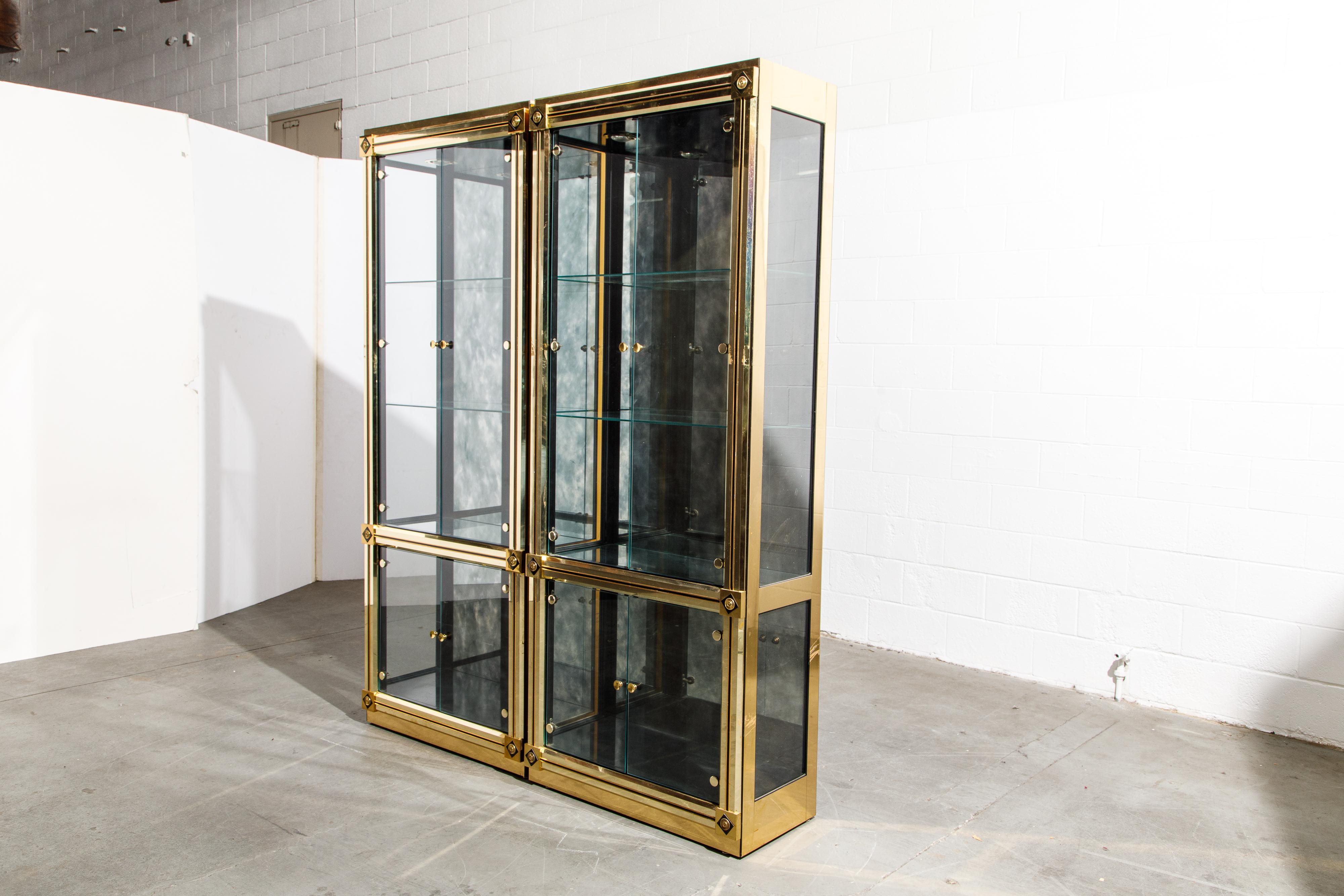Late 20th Century Mastercraft Illuminated Brass Display Cabinets, circa 1980, Pair Available