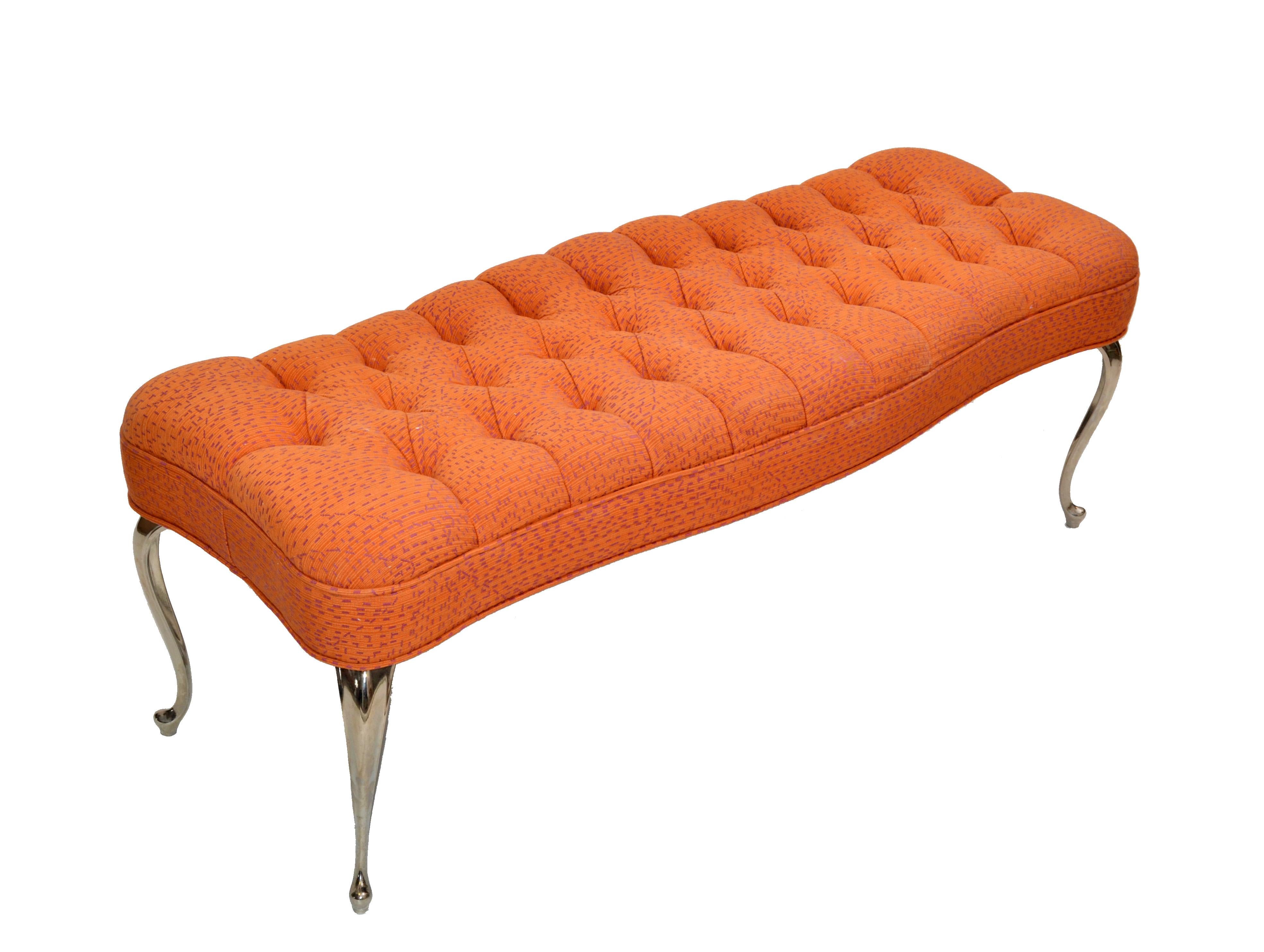 Italian Hollywood Regency Mastercraft style bench in orange / purple tufted fabric tapered with polished stainless-steel legs.
Great addition for the Master Bedroom in front of the Kingsize Bed.
This bench is ready for a new home.
  