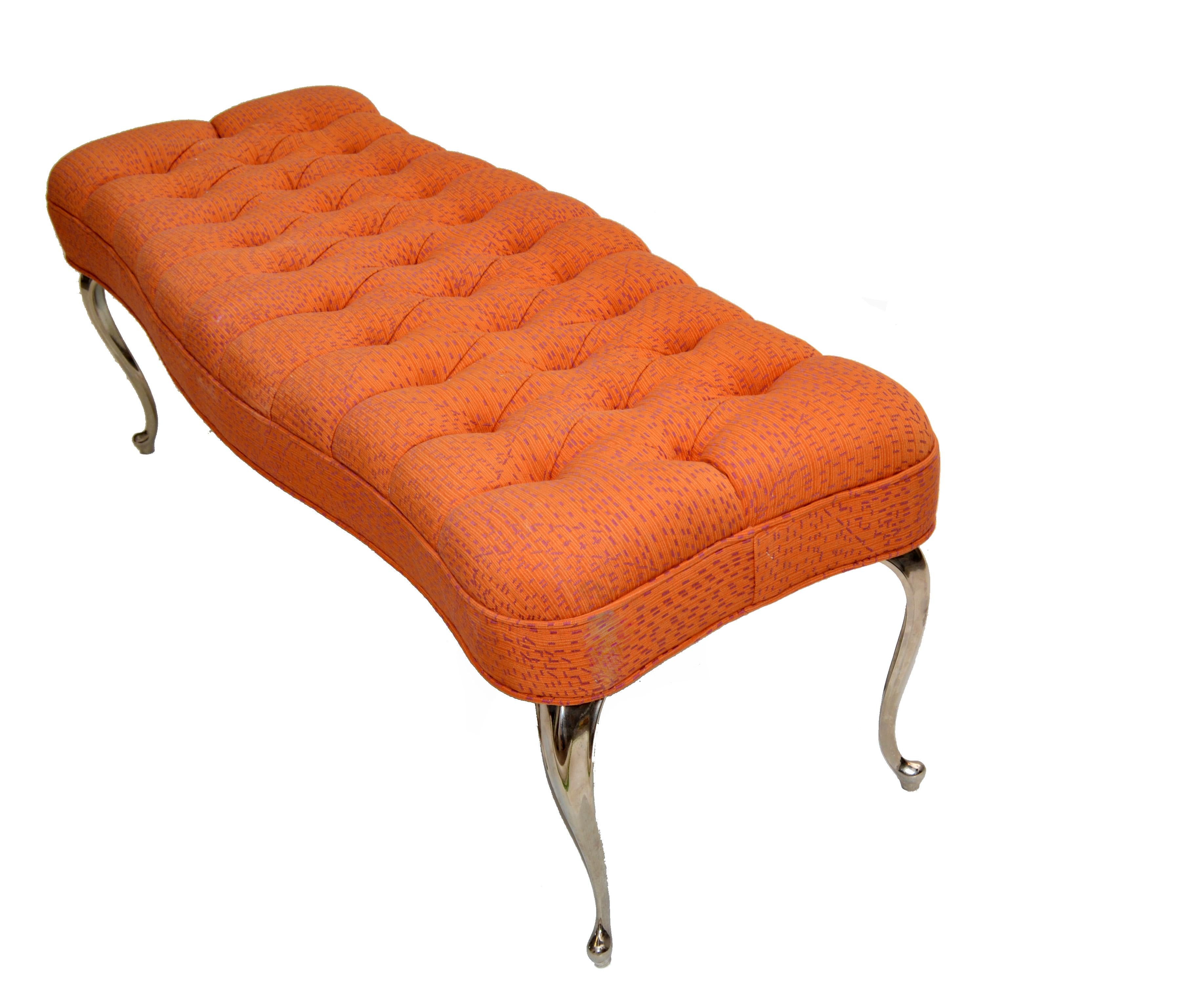 Fabric Mastercraft Italian Hollywood Regency Tufted Orange Bench Stainless Steel Legs For Sale