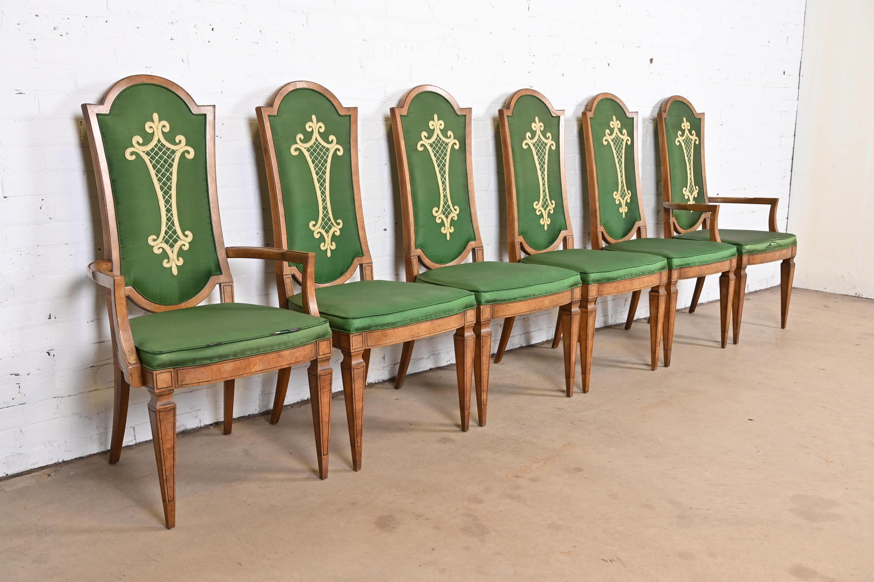 Regency Mastercraft Italian Louis XVI Burl Wood Dining Chairs, Set of Six