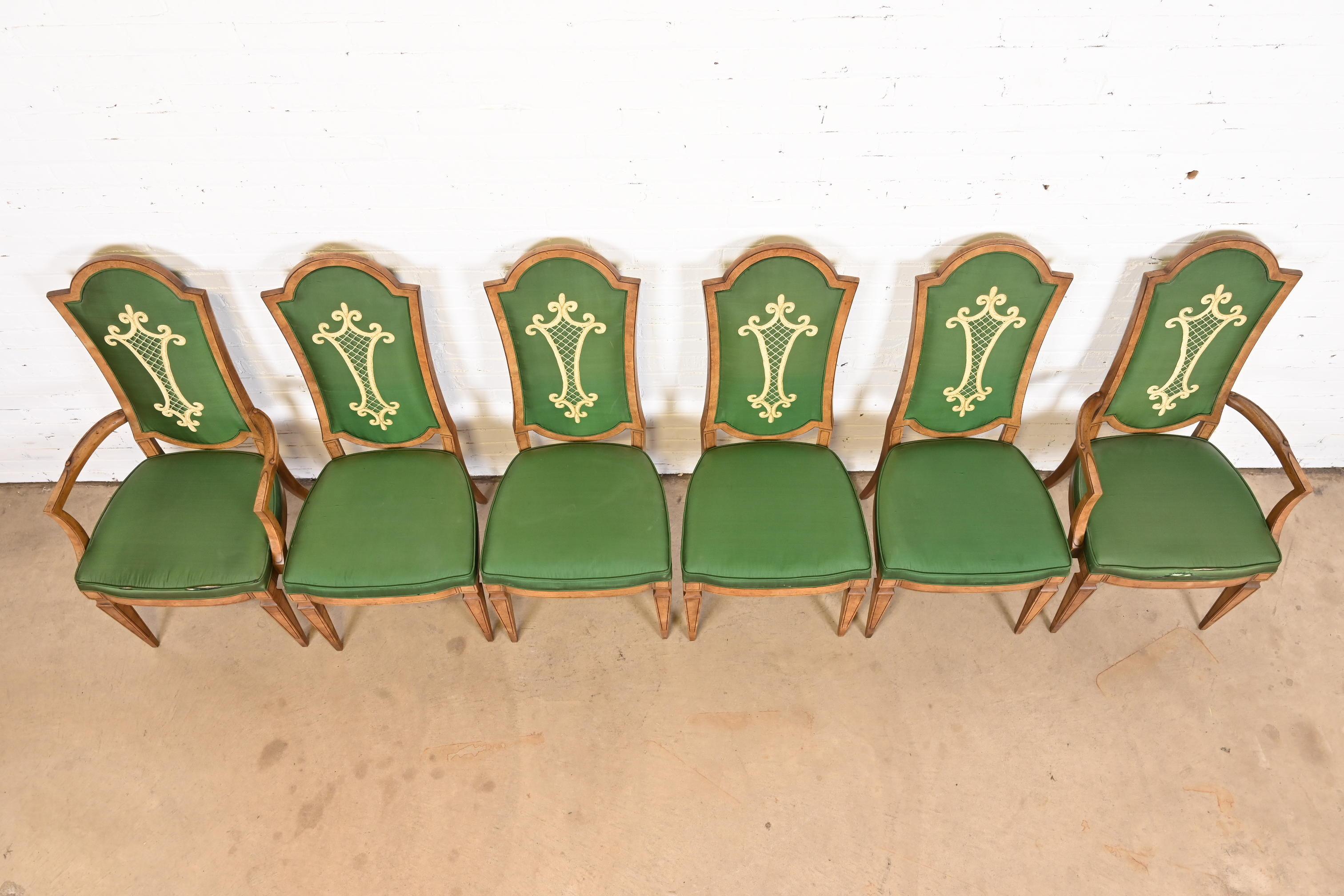 Upholstery Mastercraft Italian Louis XVI Burl Wood Dining Chairs, Set of Six