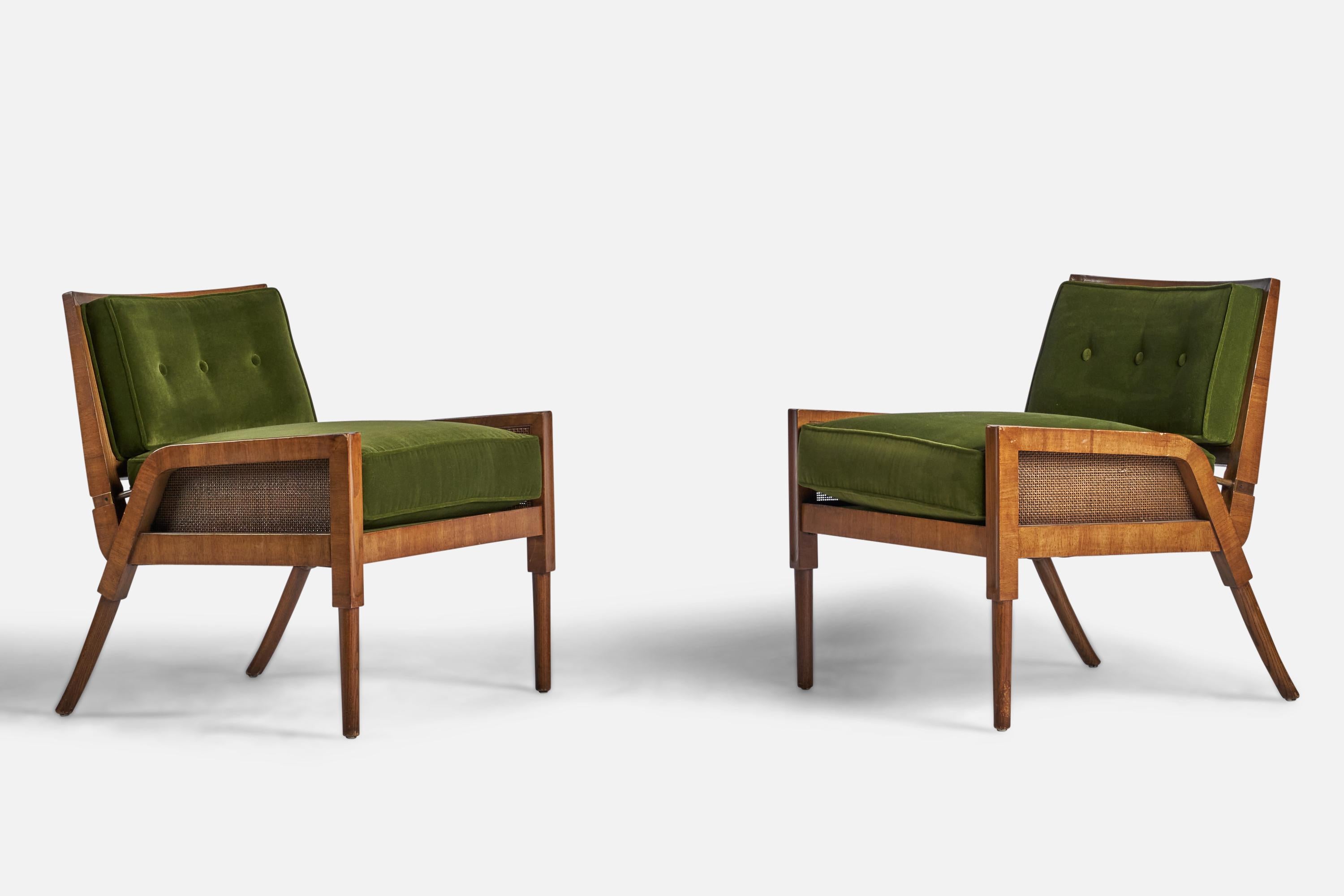 A pair of wood, cane and green velvet fabric lounge chairs designed and produced by Mastercraft, USA, 1940s.
18.5” seat height