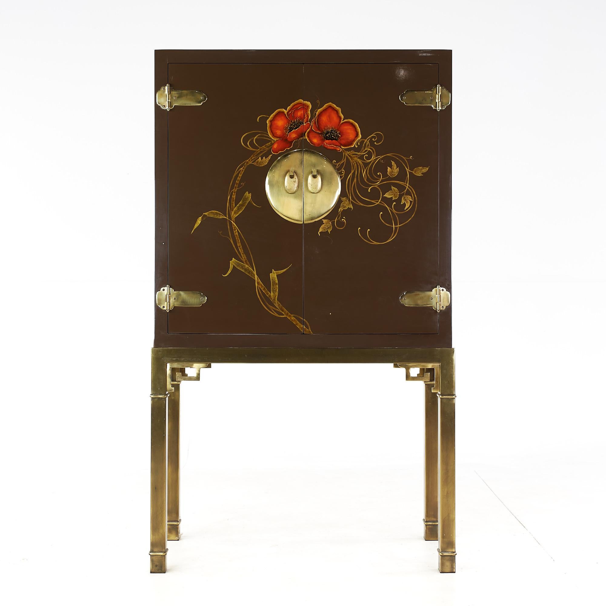 Mastercraft Mid Century Asian Inspired Lacquered Bar Cabinet on Brass Stand

This bar cabinet measures: 39 wide x 18 deep x 57 inches tall

All pieces of furniture can be had in what we call restored vintage condition. That means the piece is