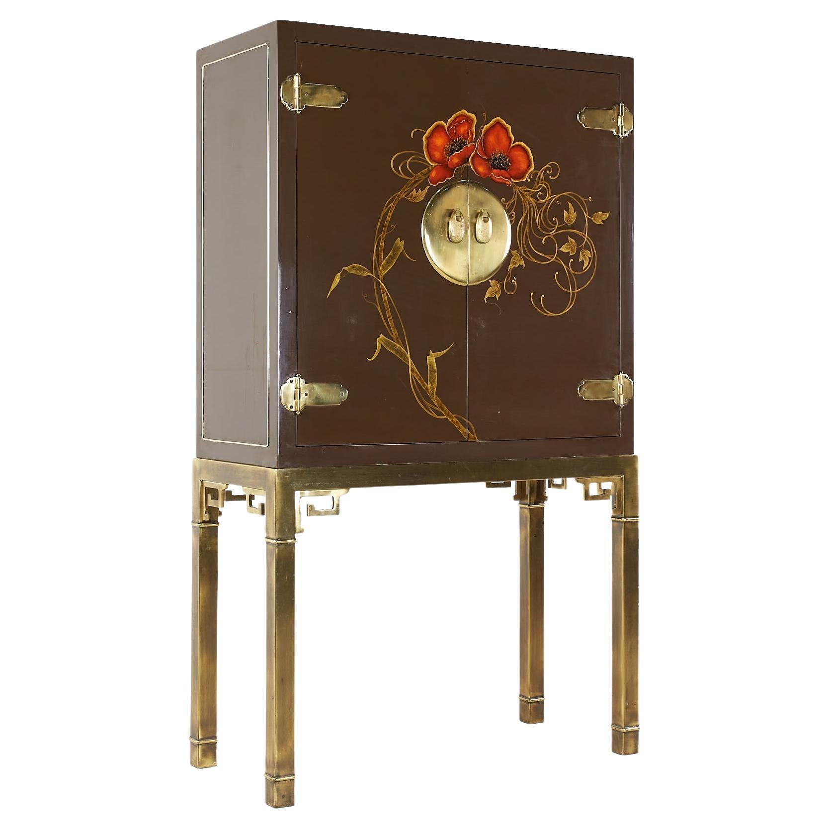 Mastercraft Mid Century Asian Inspired Lacquered Bar Cabinet on Brass Stand