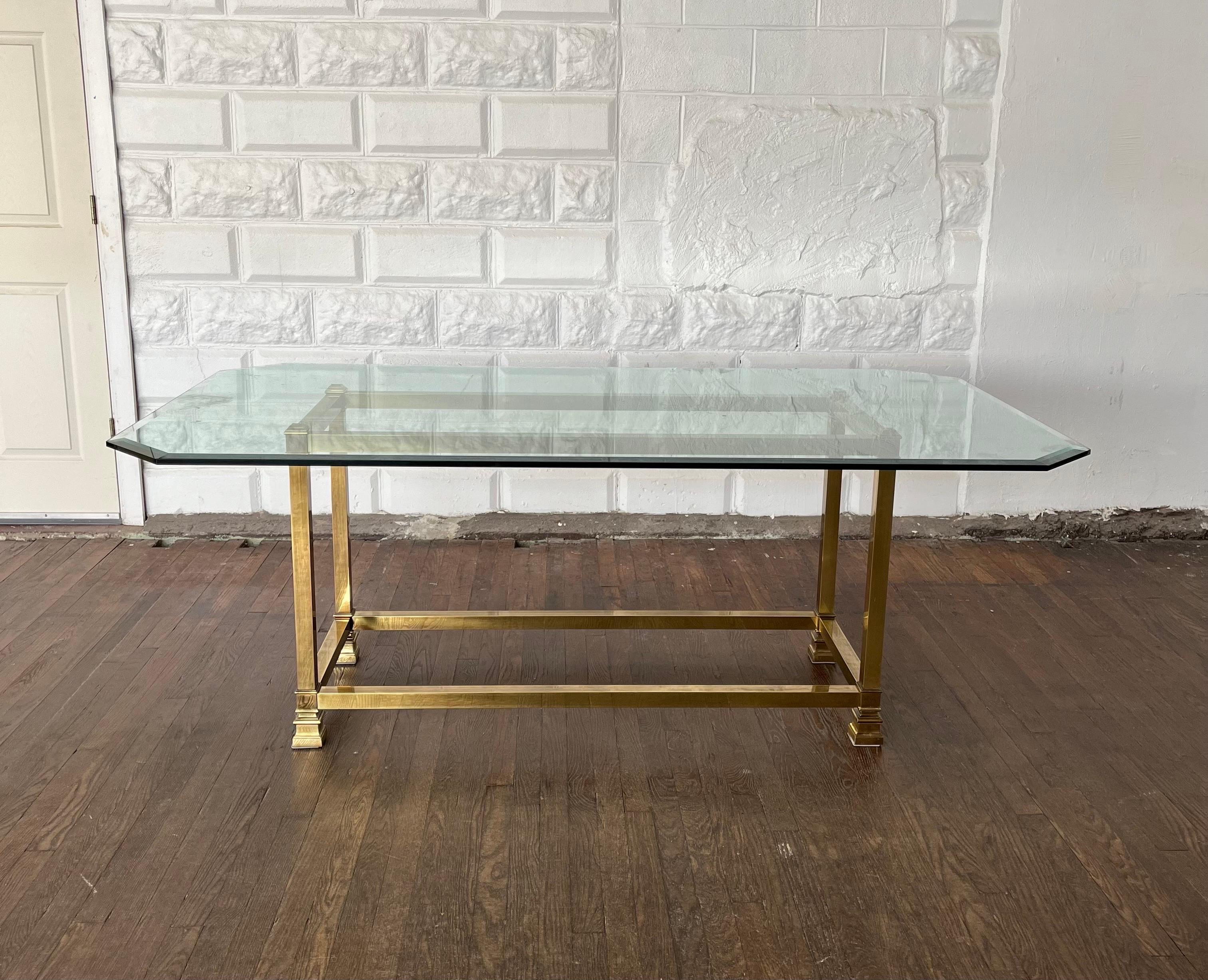 Mastercraft brass dining table with thick beveled glass top. Classic and elegant modern Neoclassical design finished in antiqued brass. 
Curbside to NYC/Philly $400( will need muscle for heavy glass)