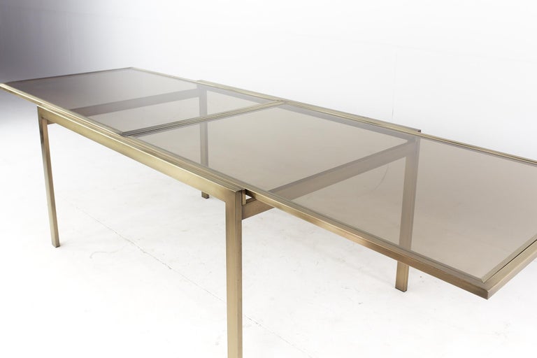 Mastercraft Mid-Century Brass and Smoked Glass Expanding Dining Table For Sale 4