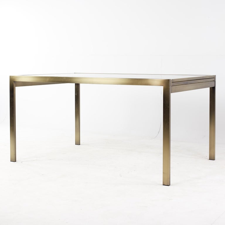 Mid-Century Modern Mastercraft Mid-Century Brass and Smoked Glass Expanding Dining Table For Sale