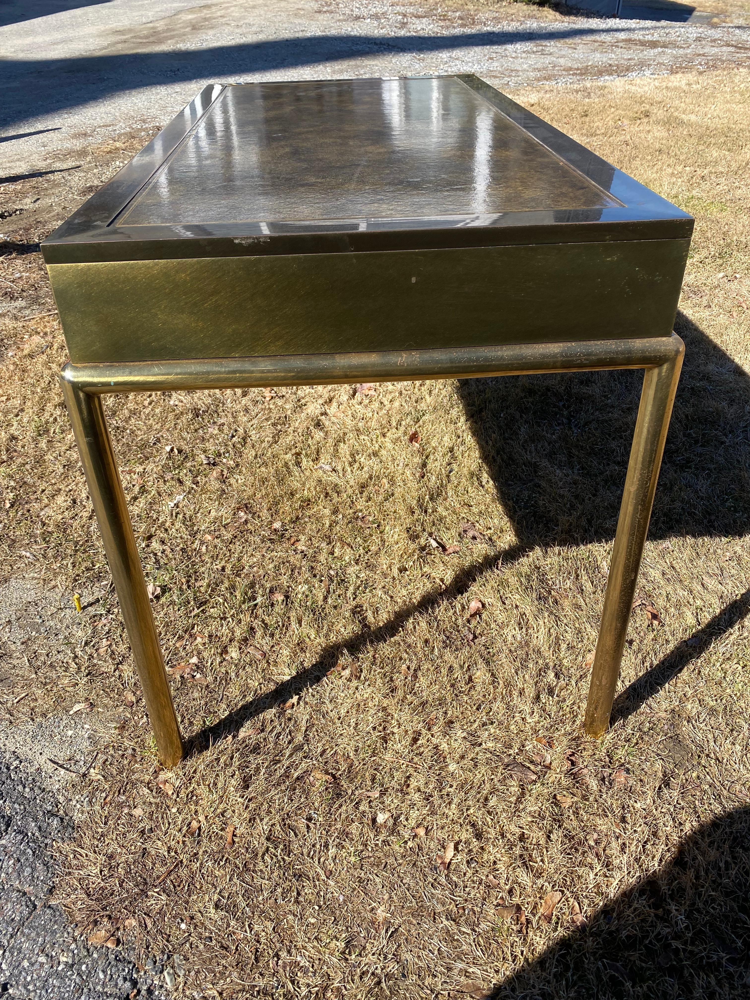 Burnished Mastercraft mid century brass detailed desk three drawers console Hollywood For Sale