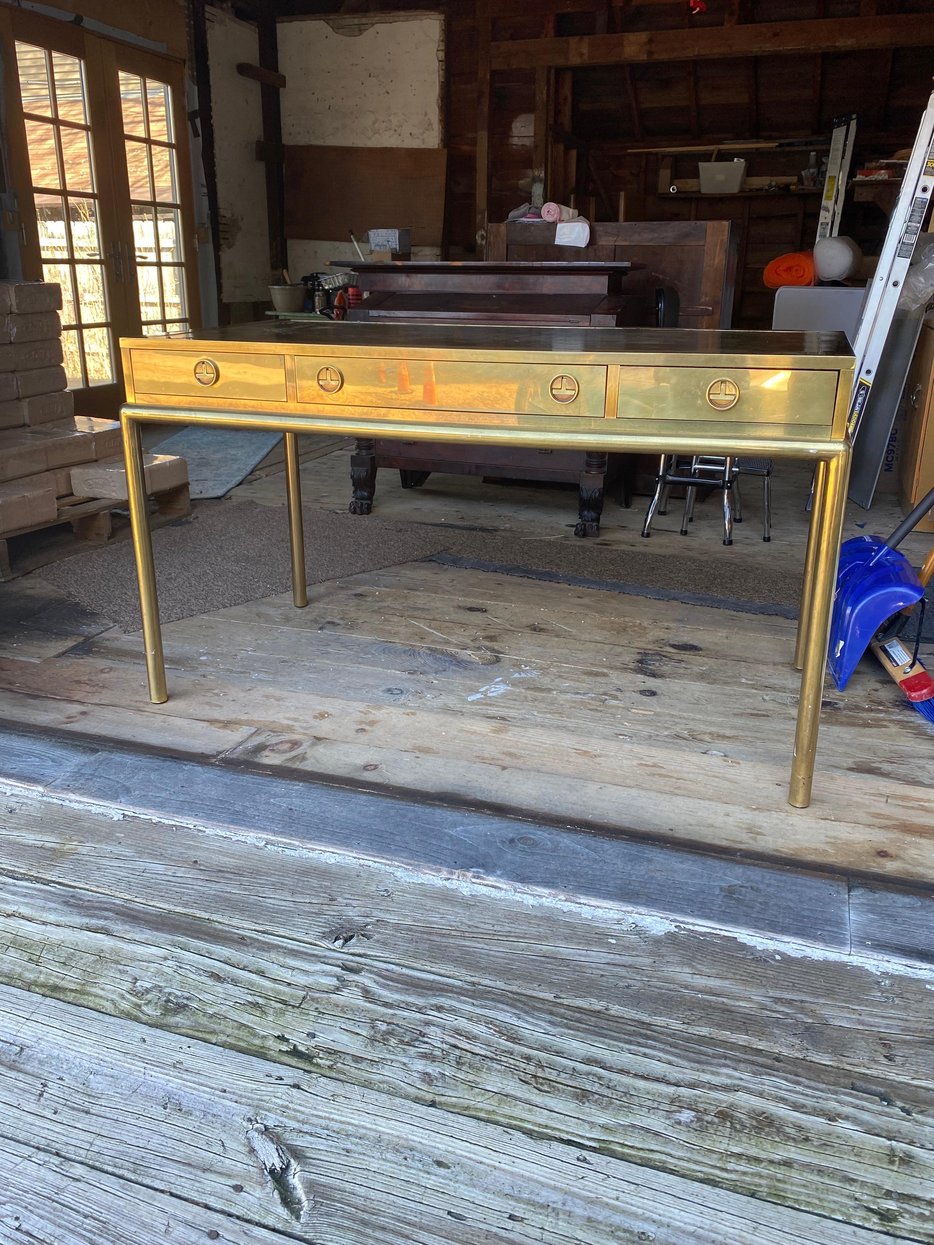 Mastercraft mid century brass detailed desk three drawers console Hollywood In Good Condition For Sale In Bridgehampton, NY