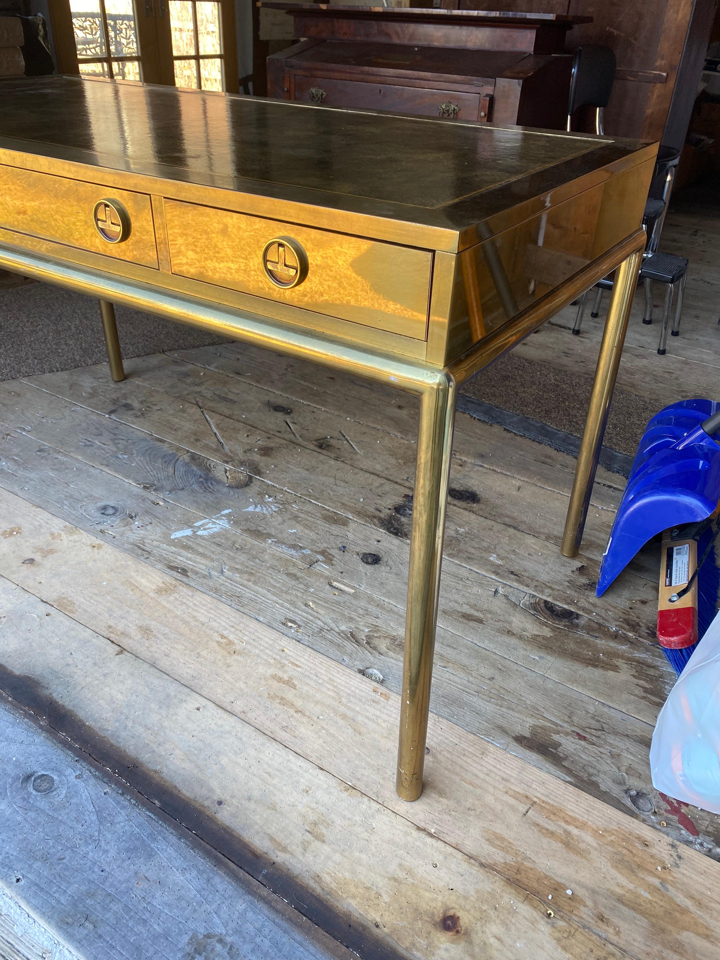 20th Century Mastercraft mid century brass detailed desk three drawers console Hollywood For Sale