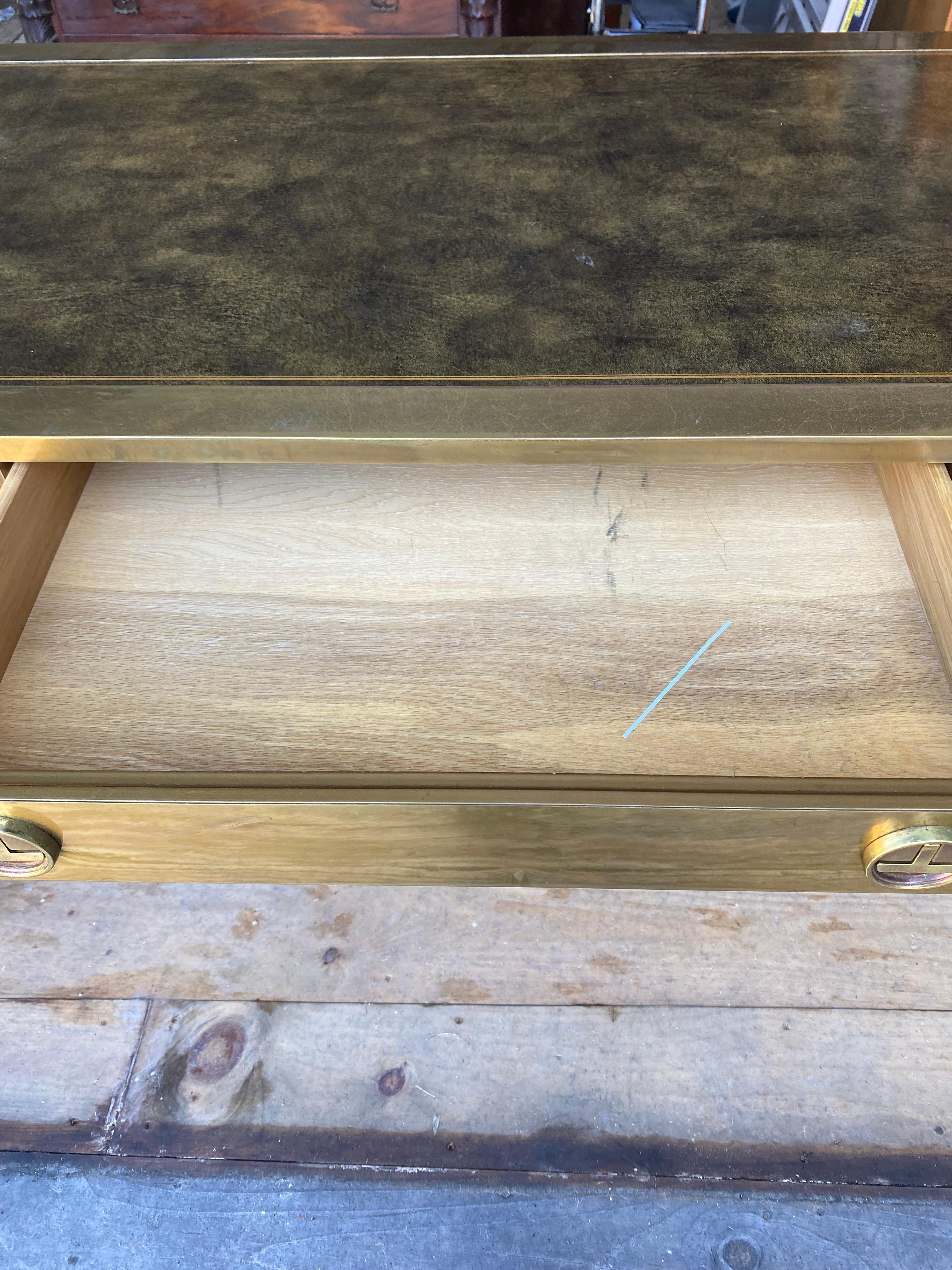 Brass Mastercraft mid century brass detailed desk three drawers console Hollywood For Sale