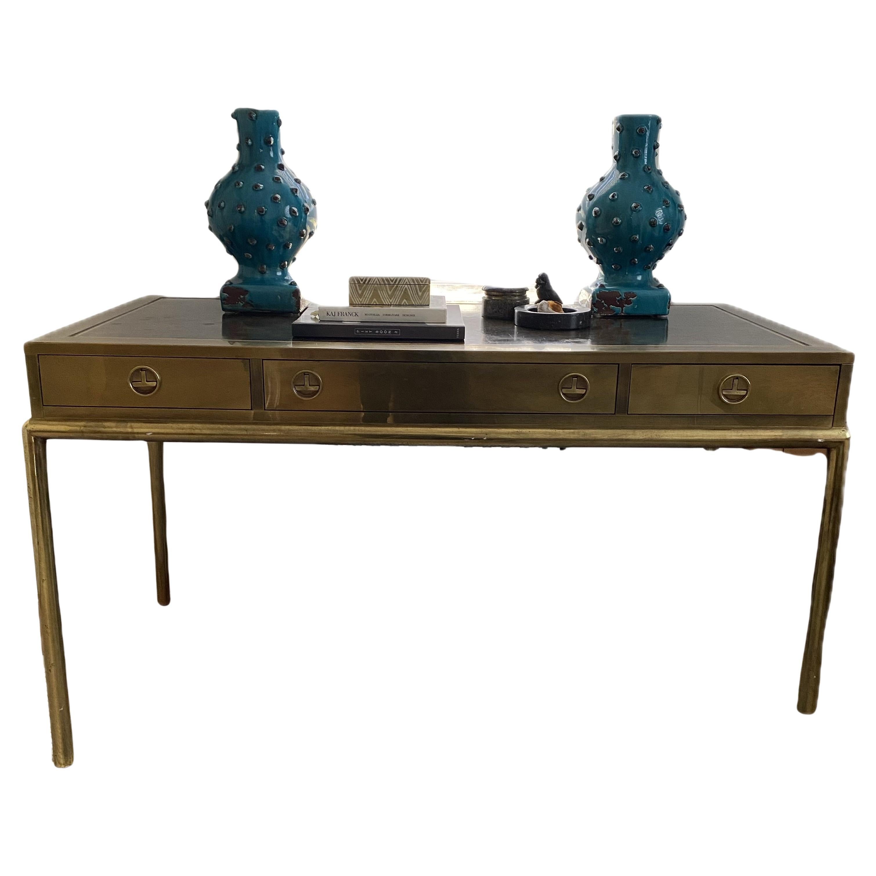 Mastercraft mid century brass detailed desk three drawers console Hollywood For Sale